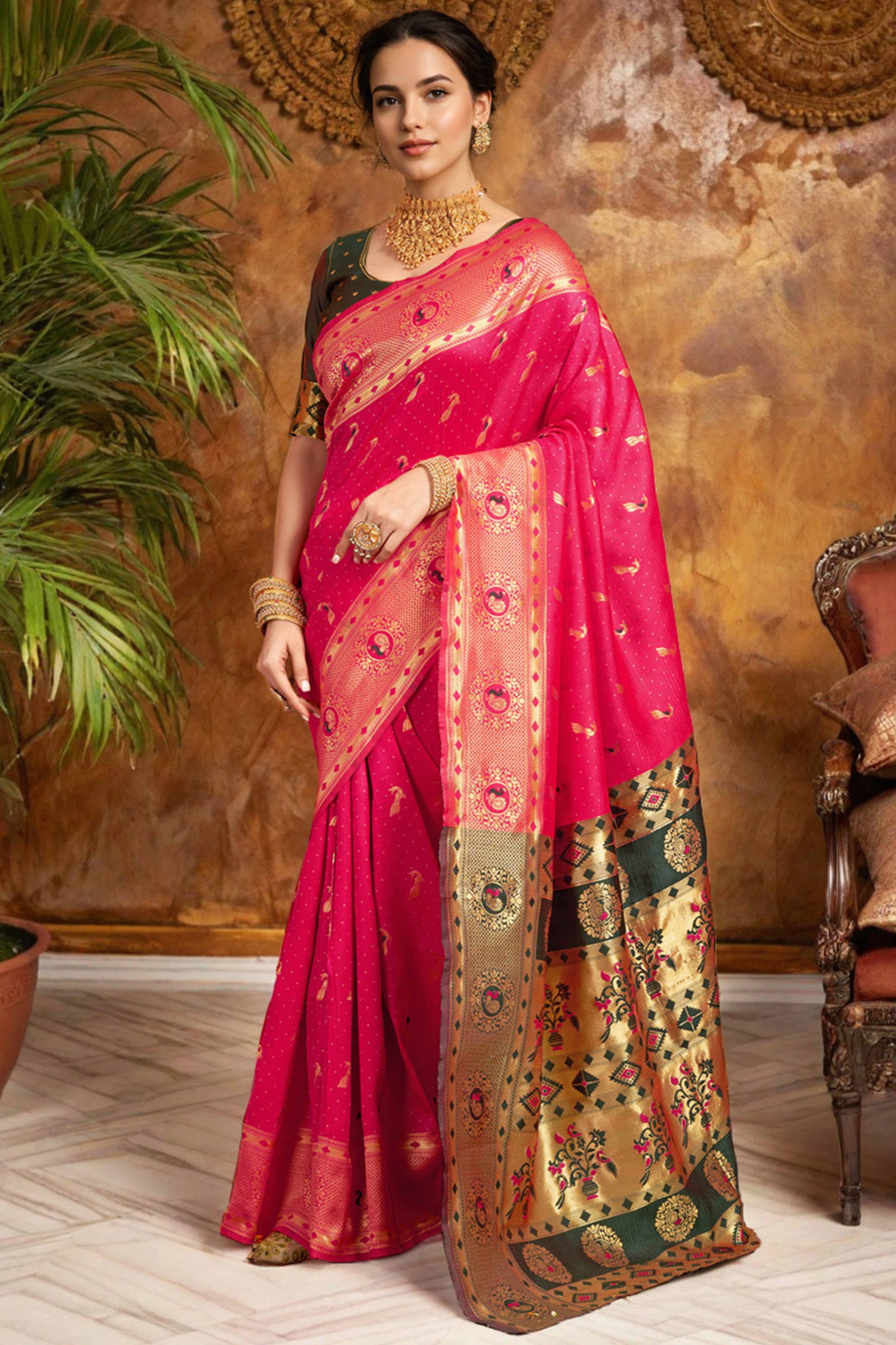 Pink Paithani Silk Blend Saree Featuring Intricate Zari Peacock & Floral Weaving - Image 4
