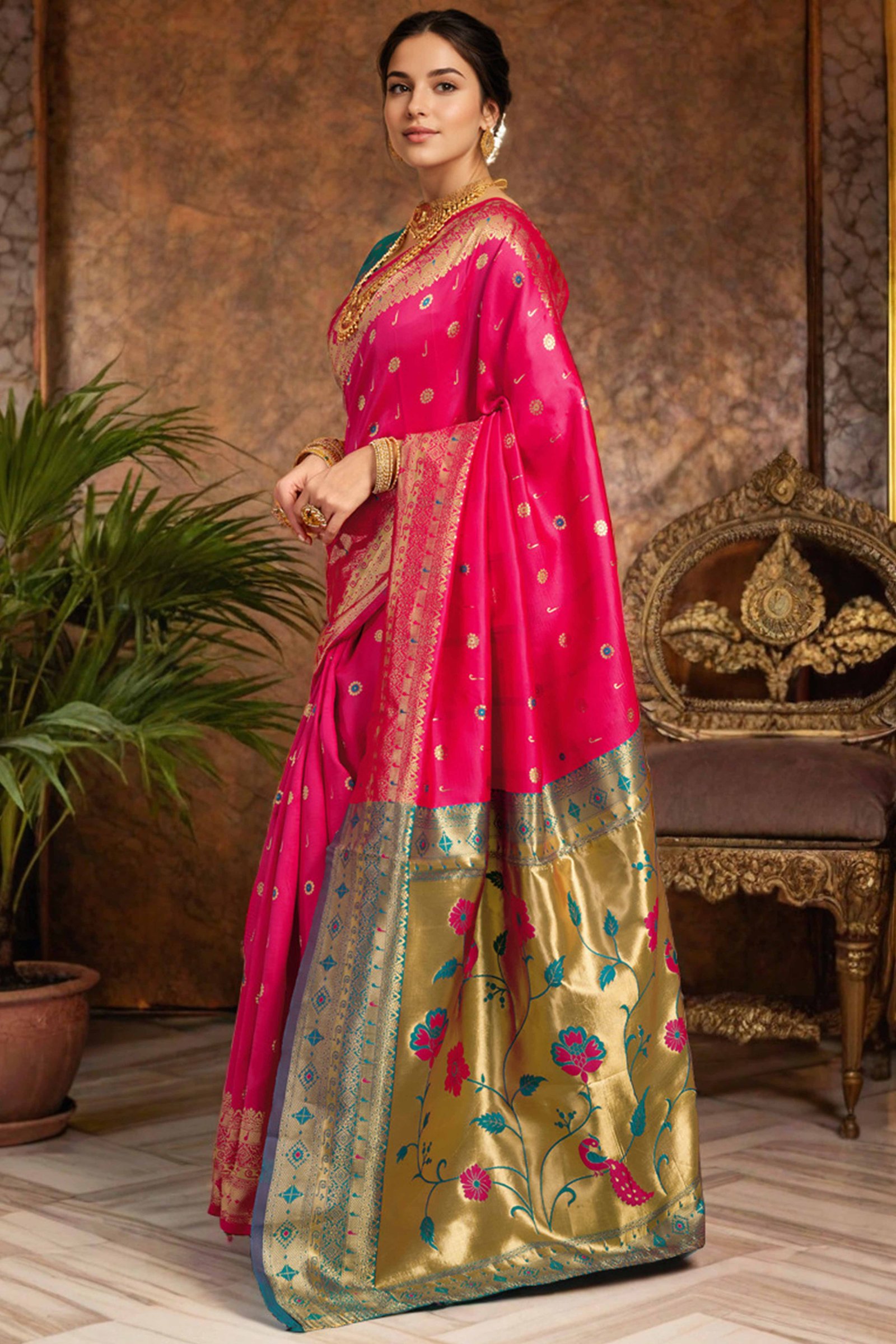 Pink Silk Blend Saree With Traditional Paithani Zari Weaving Of Peacock & Floral Designs - Image 4