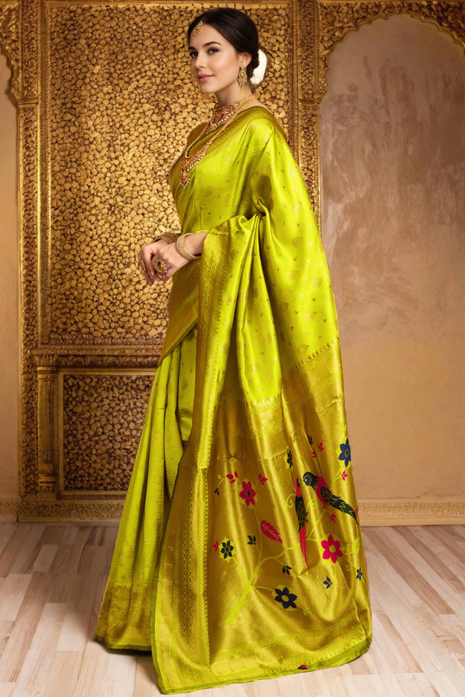 Lime Green Silk Blend Paithani Saree Showcasing Rich Zari Weaving With Birds & Floral Accents - Image 4