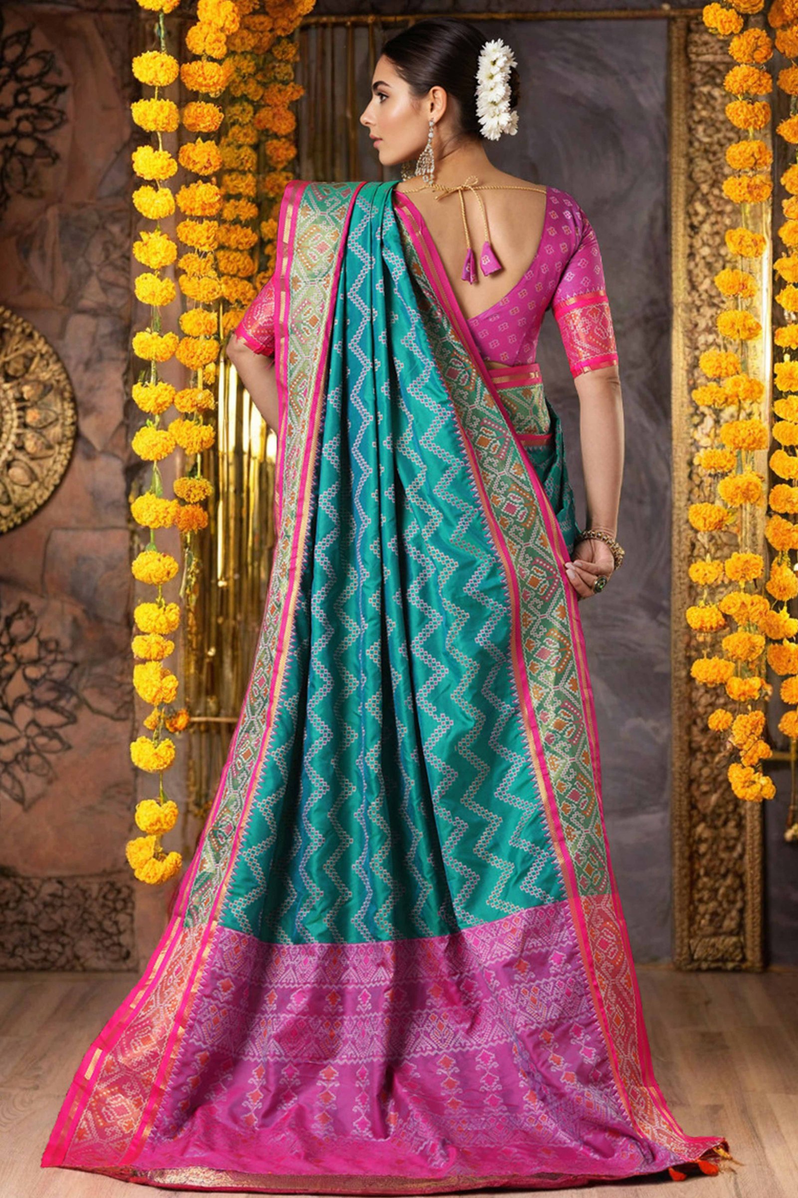 Rama Blue Silk Blend Saree With Traditional Zig Zag Patola Weaving & Tassel Pallu - Image 4