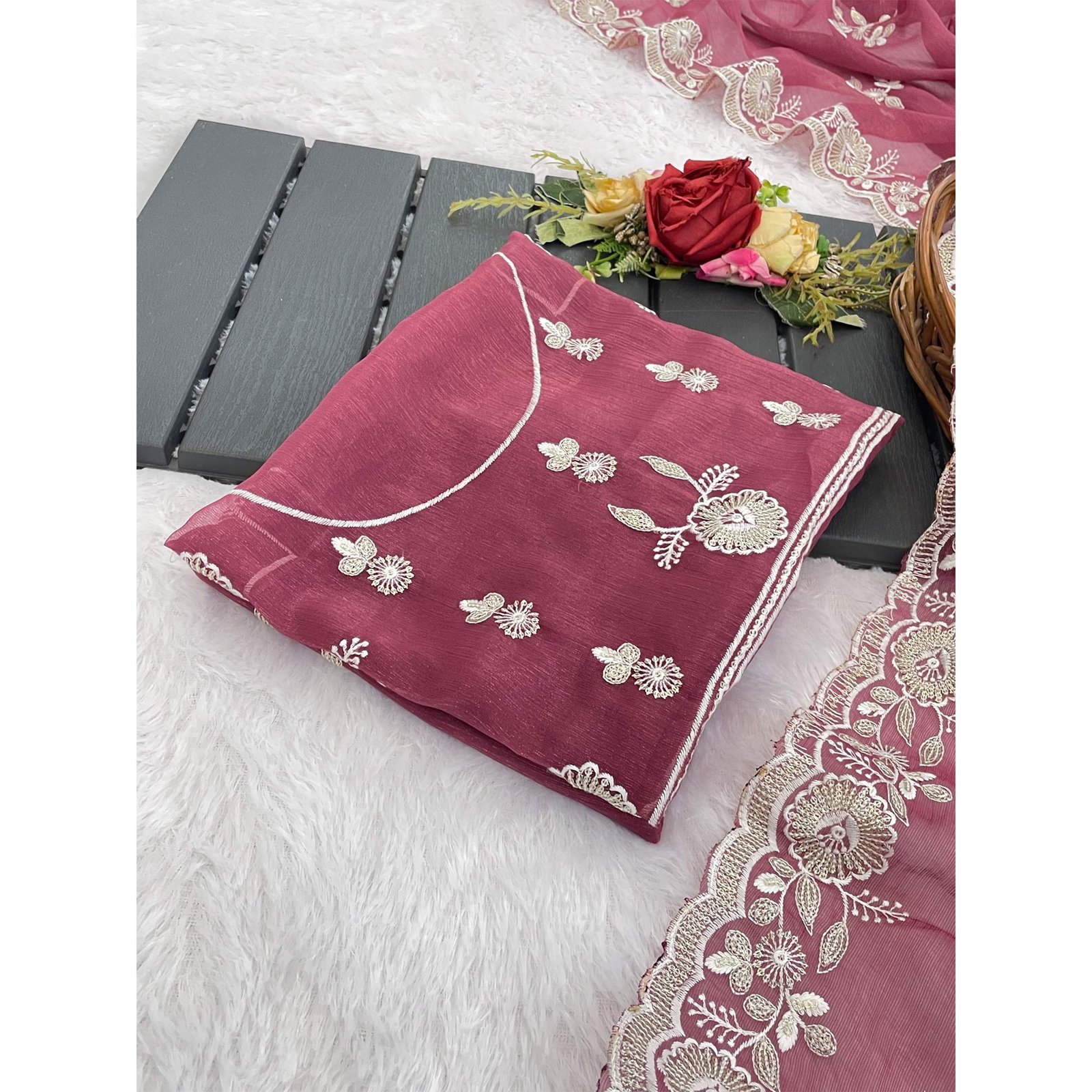 Pink Shimmer Silk Saree with Graceful Floral Embroidery - Image 4