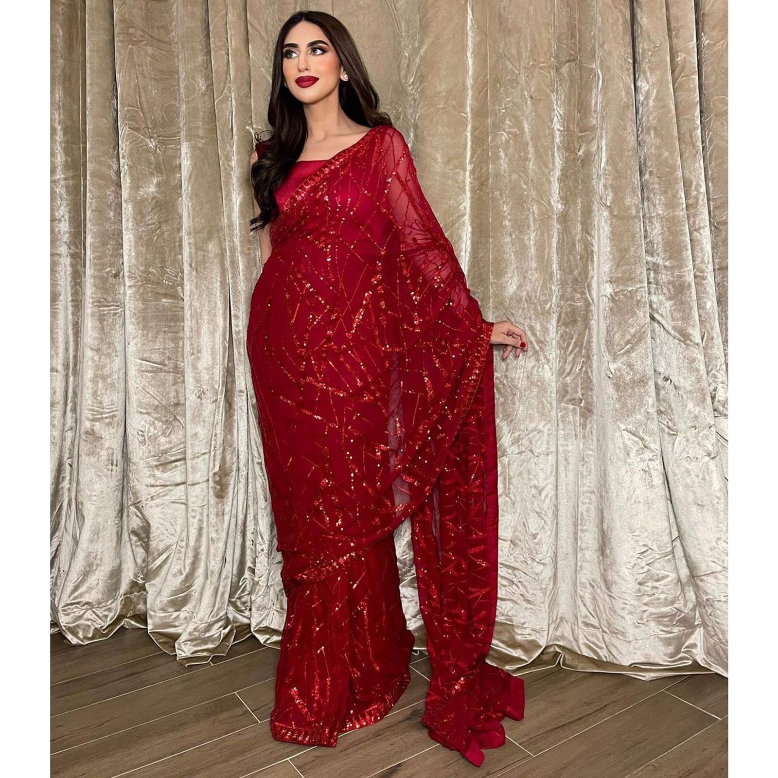 Red Sequins Embroidered Georgette Saree - Image 4