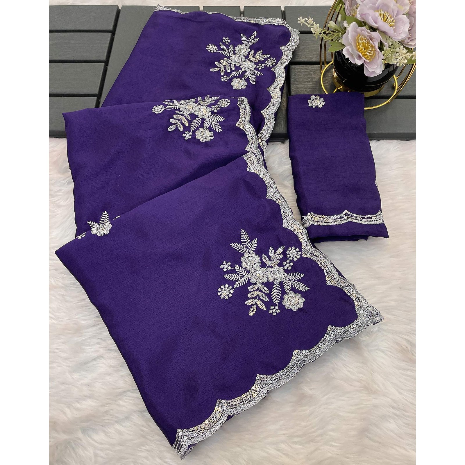 Royal Purple Chinon Saree Adorned With Zari Floral Embroidery & Gleaming Sequins Work - Image 4