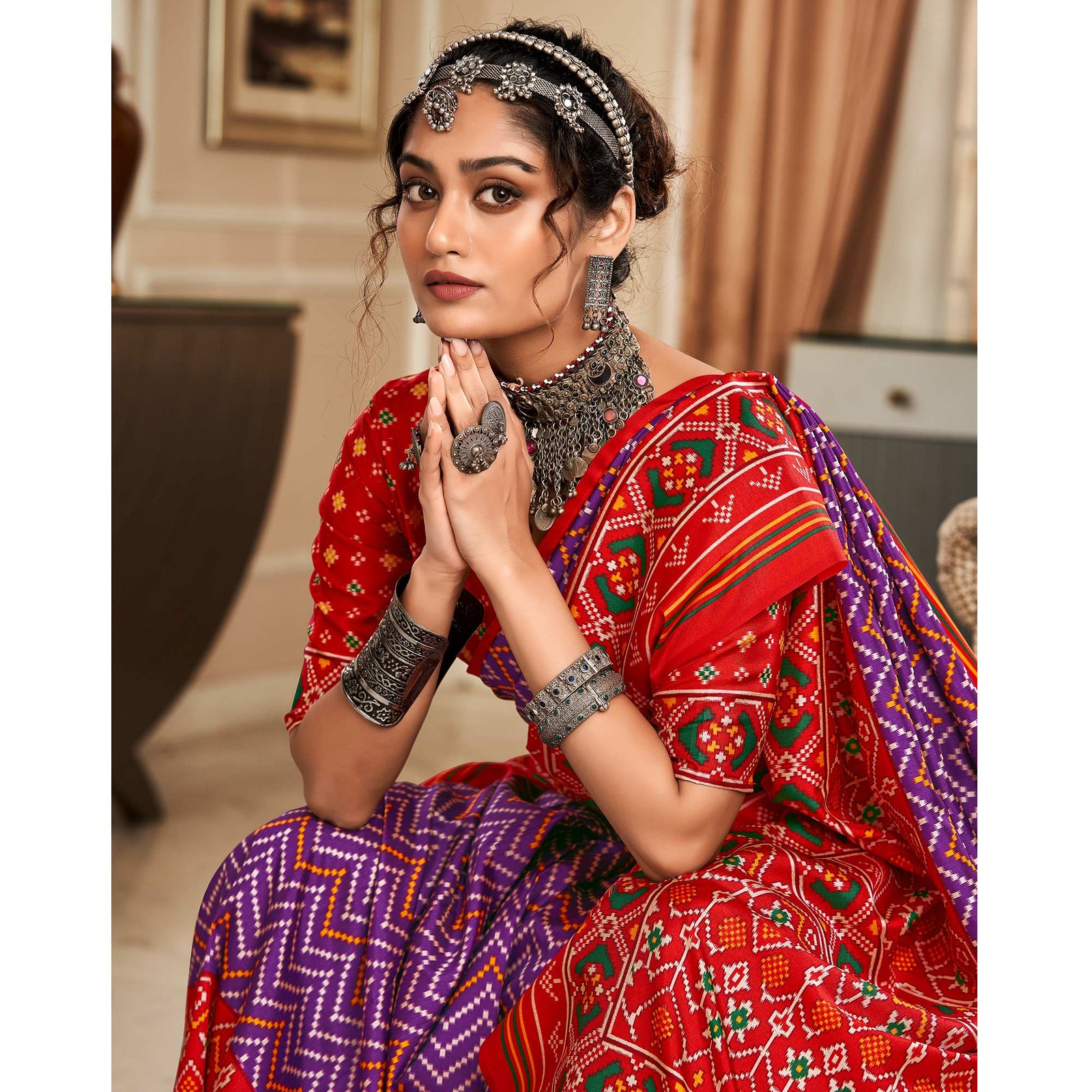 Purple & Red Patola Printed Tussar Silk Saree - Image 4