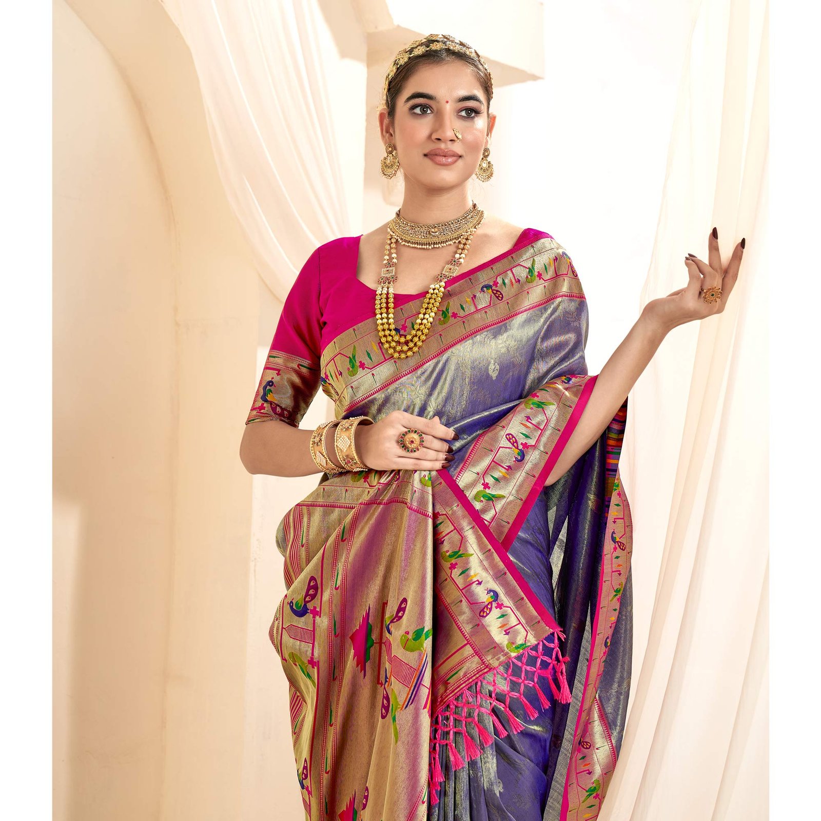 Blue Woven Tissue Paithani Saree With Tassels - Image 4