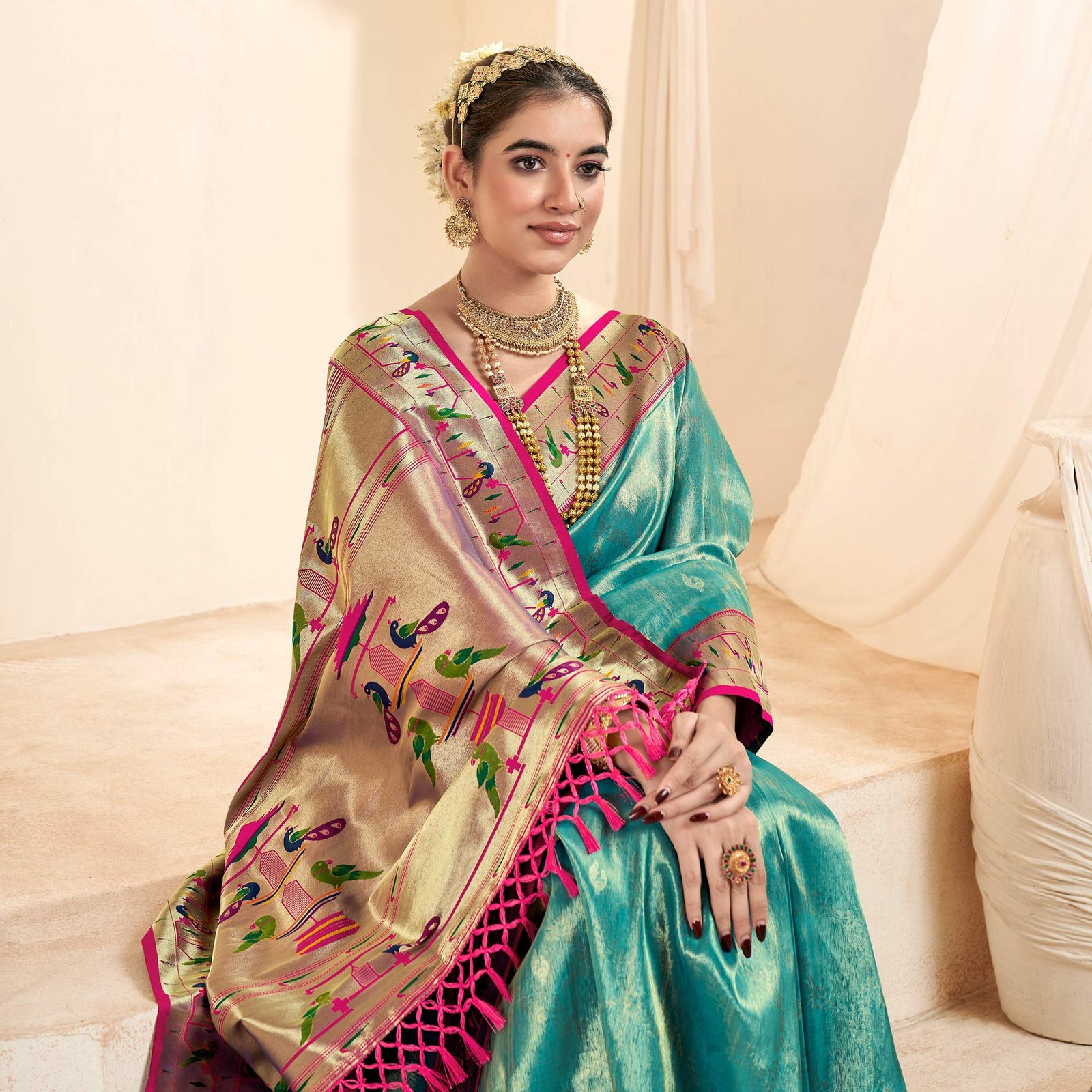 Turquoise Woven Tissue Paithani Saree With Tassels - Image 4