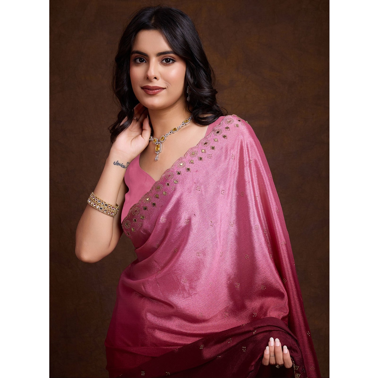 Rose Pink Ombre Chinon Saree With Mirror Border - Image 4