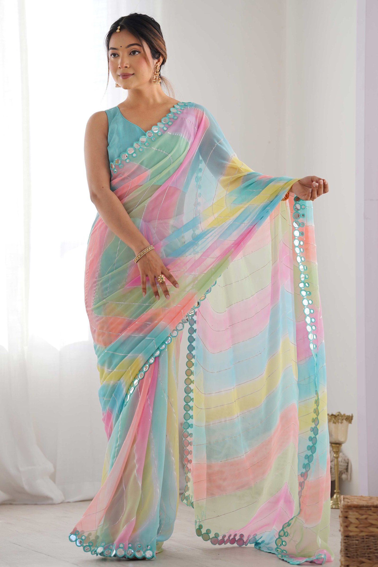 Multicolor Mirror Work Embroidered Georgette Saree - Image 4