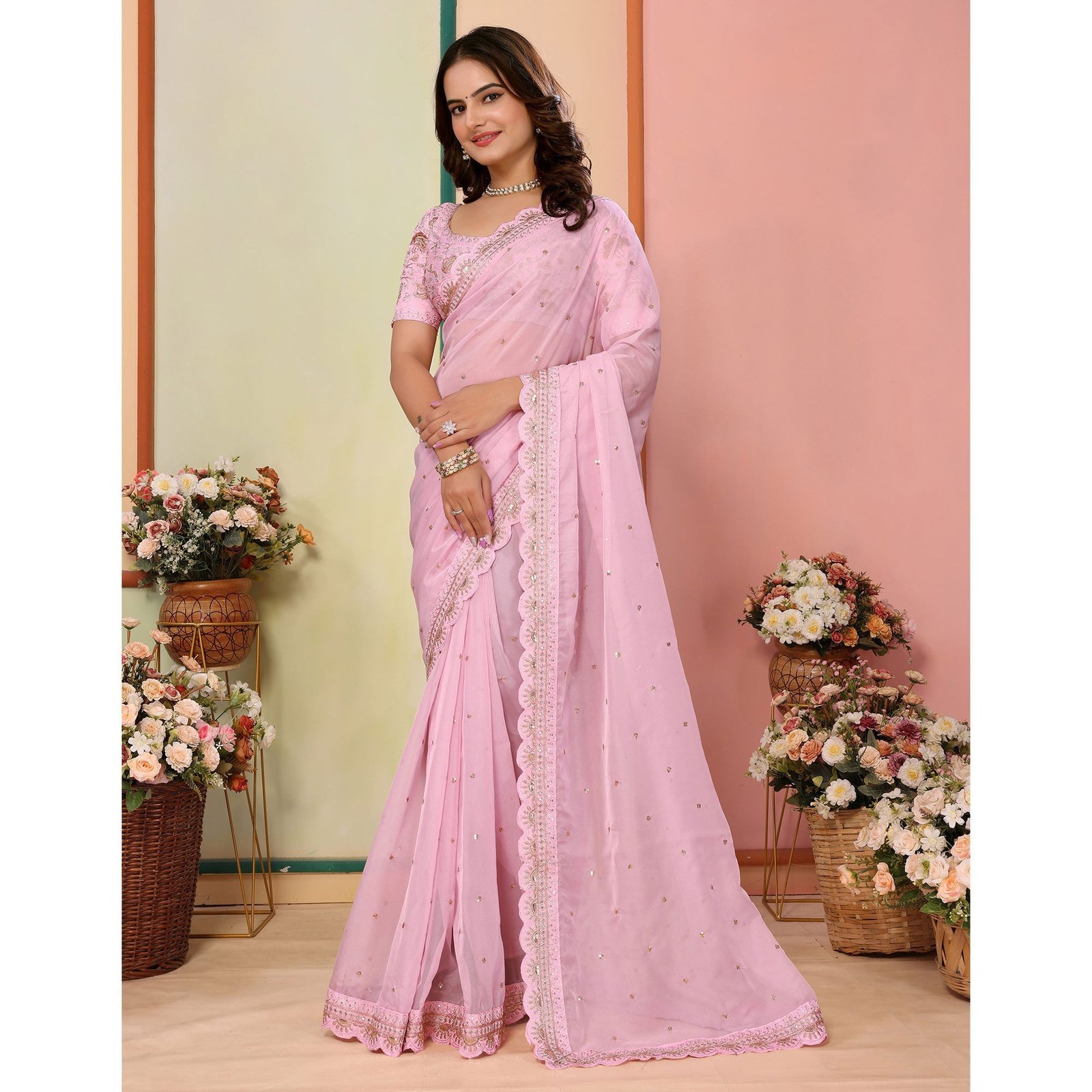 Pink Sequins Embroidered Embroidered Organza Saree - Image 4