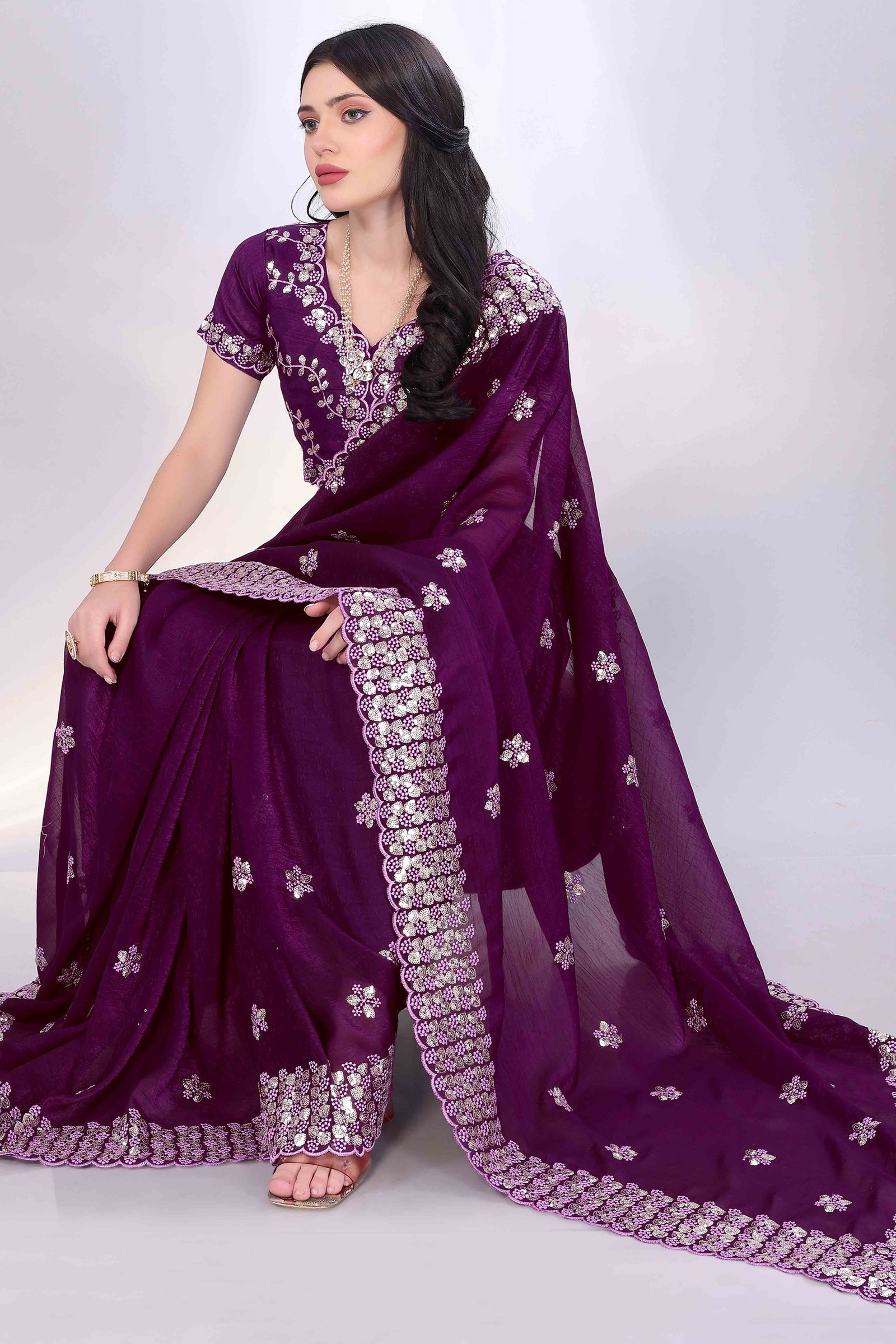 Wine Crunchy Organza Silk Saree Adorned With Intricate Floral Sequins Embroidery - Image 4