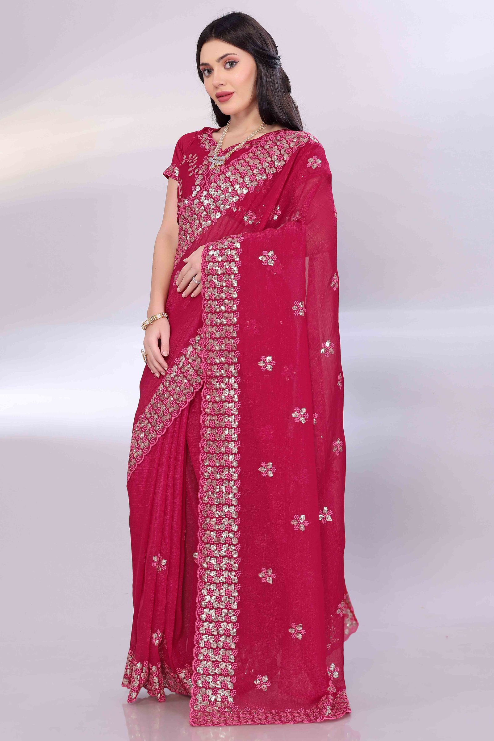 Rani Pink Crunchy Organza Silk Saree Adorned With Intricate Floral Sequins Embroidery - Image 4