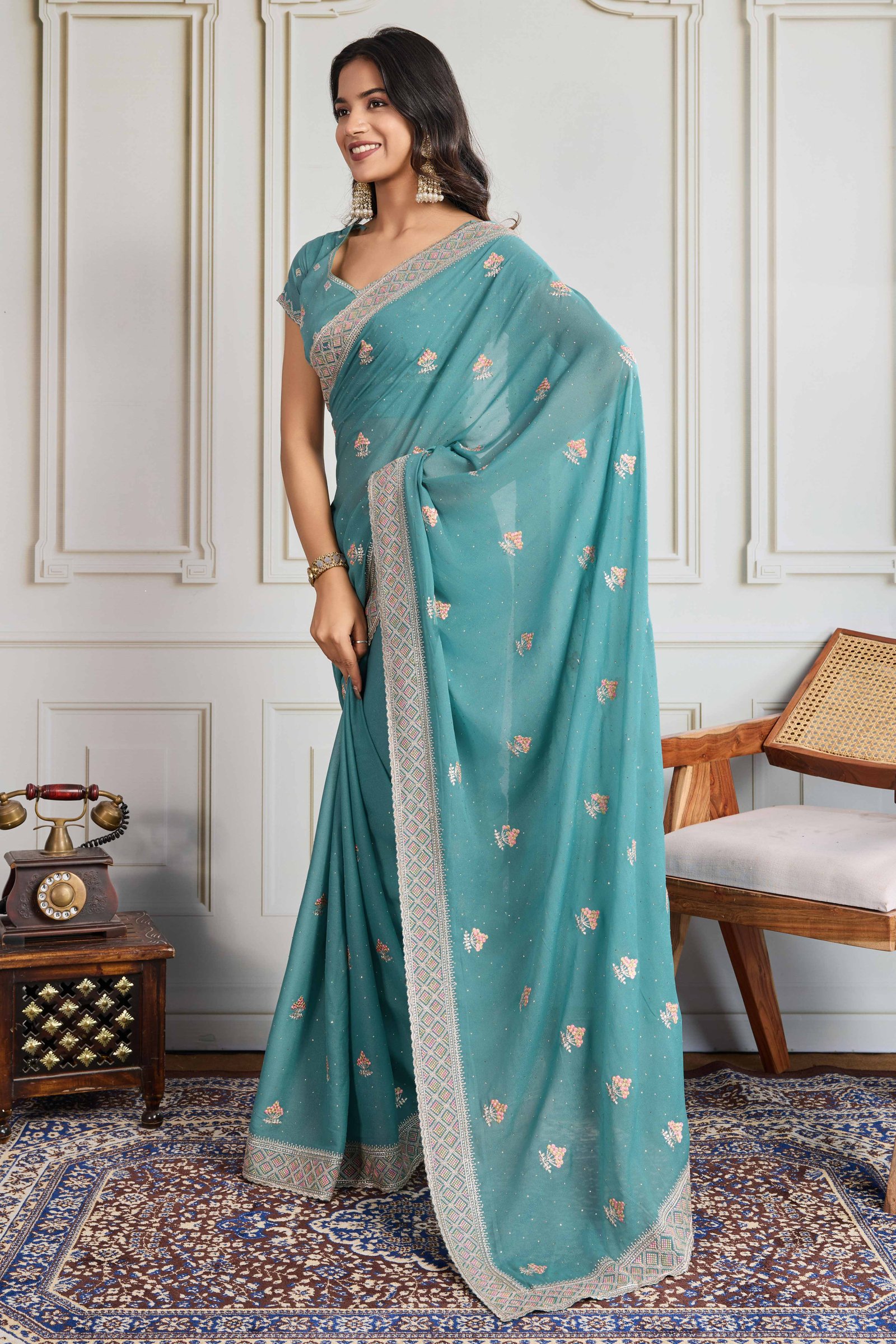 Teal Georgette Saree Featuring Embroidered and Stone Work - Image 4