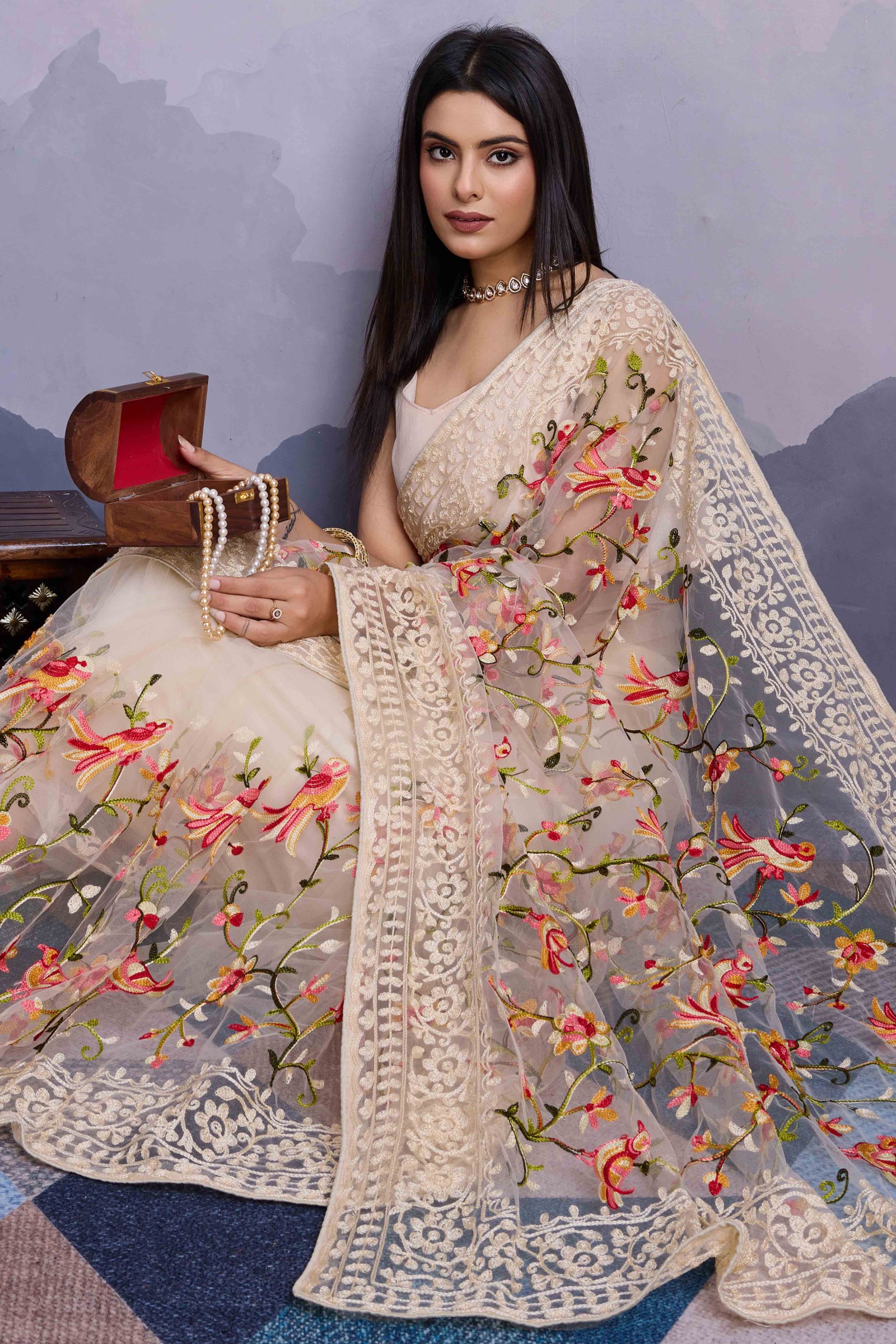 Off White Floral Embroidered Net Saree - Image 4