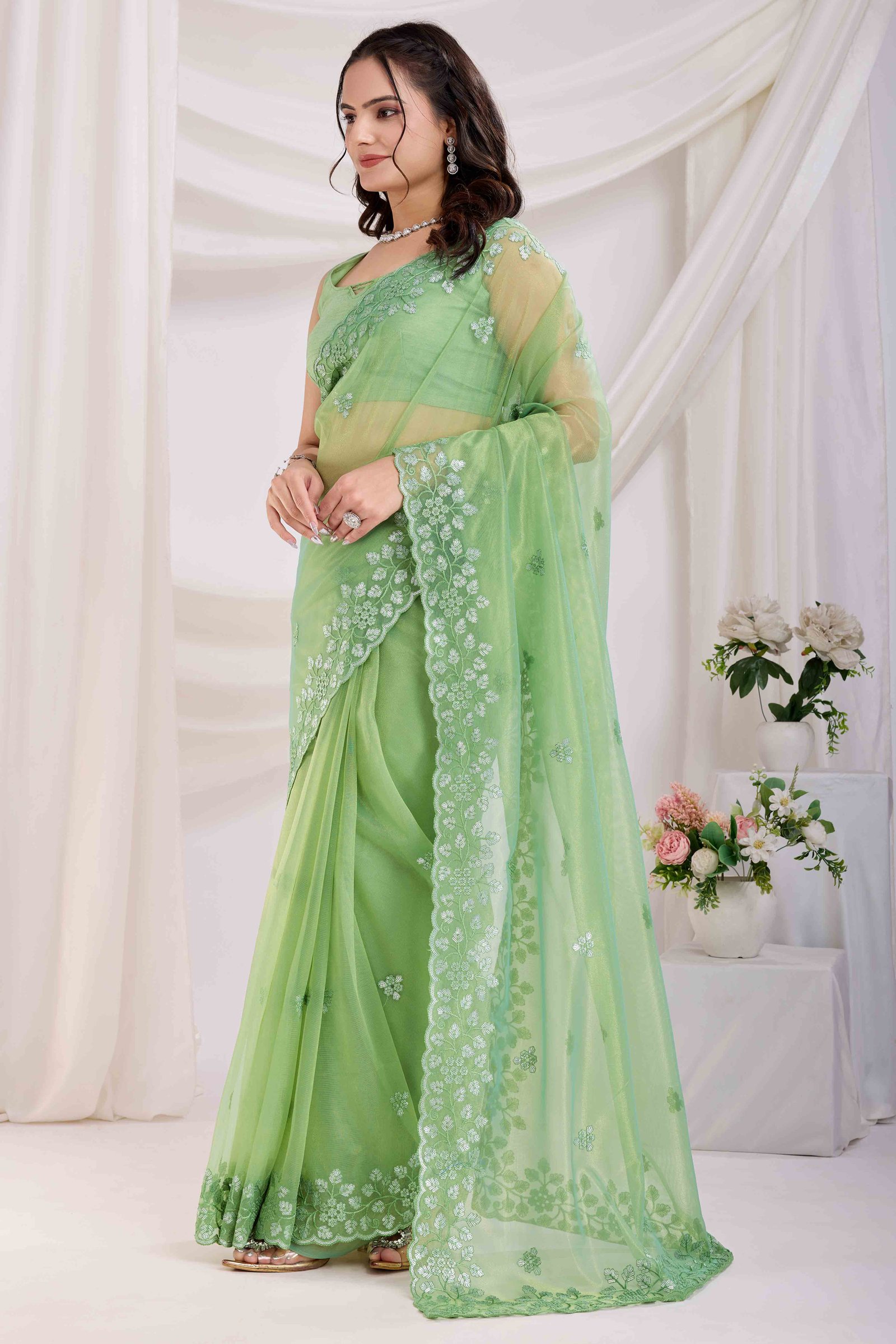 Green Floral Sequins Embroidered Twill Net Saree - Image 4