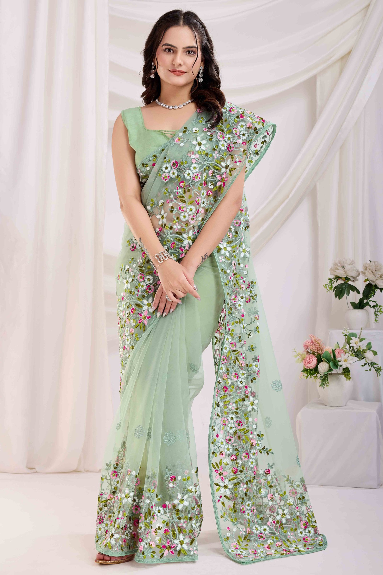 Green Floral Embroidered Net Saree - Image 4