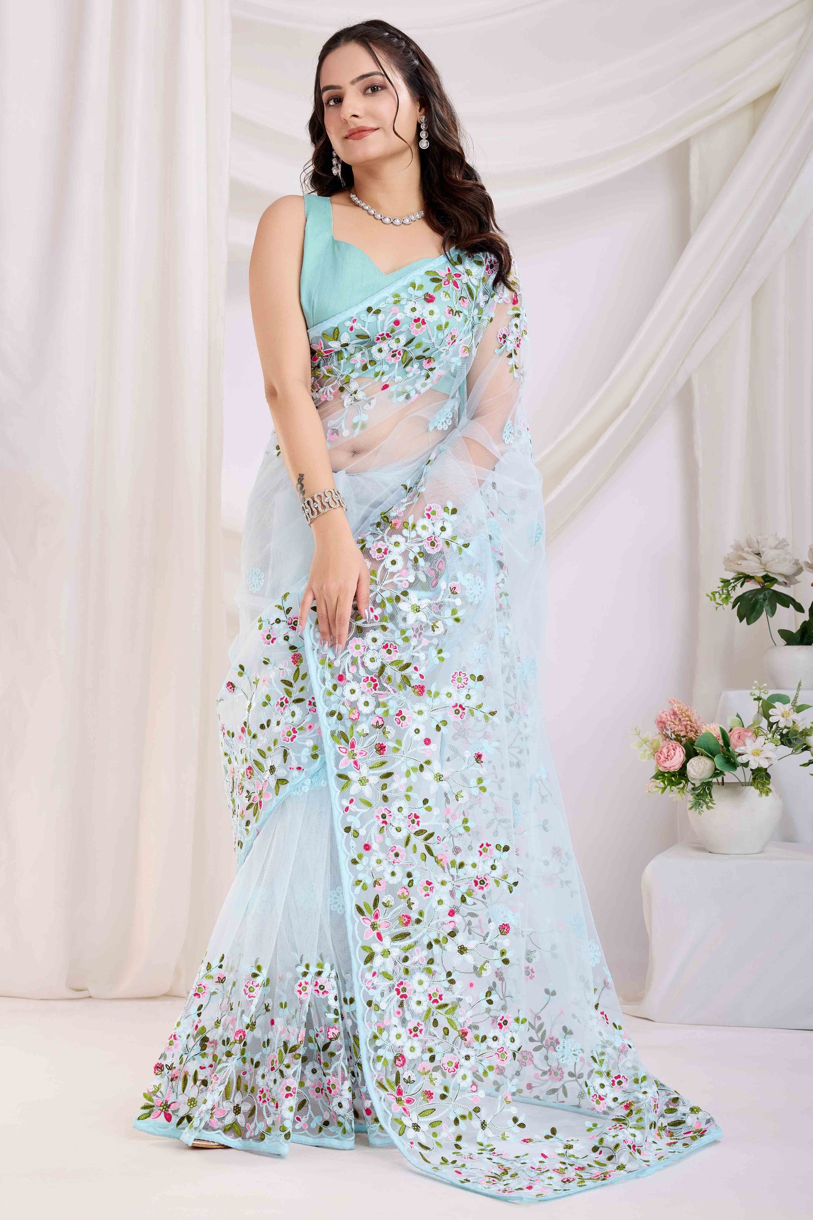 Blue Floral Embroidered Net Saree - Image 4