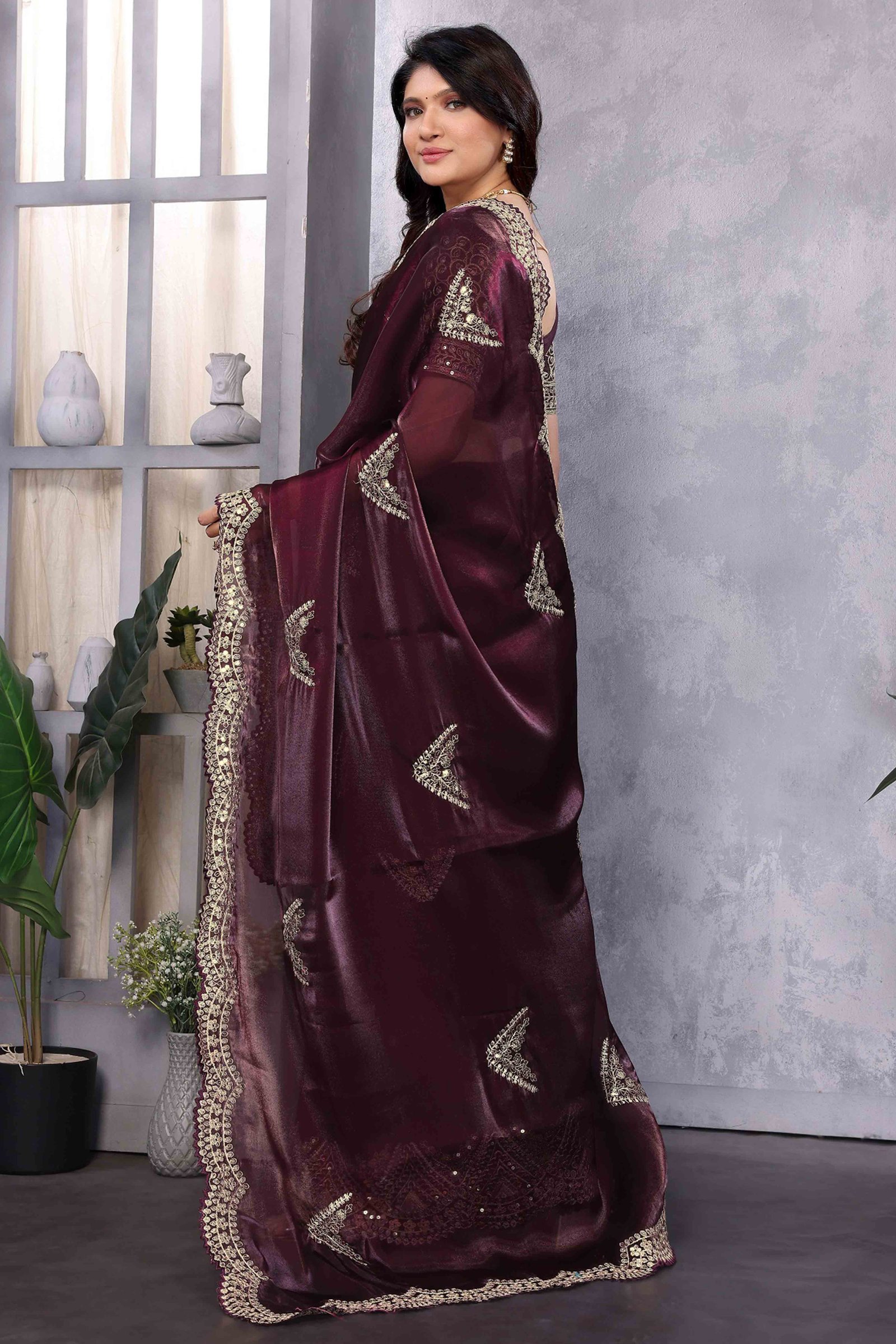 Dark Wine Floral Sequins Embroidered Shimmer Chiffon Saree - Image 5