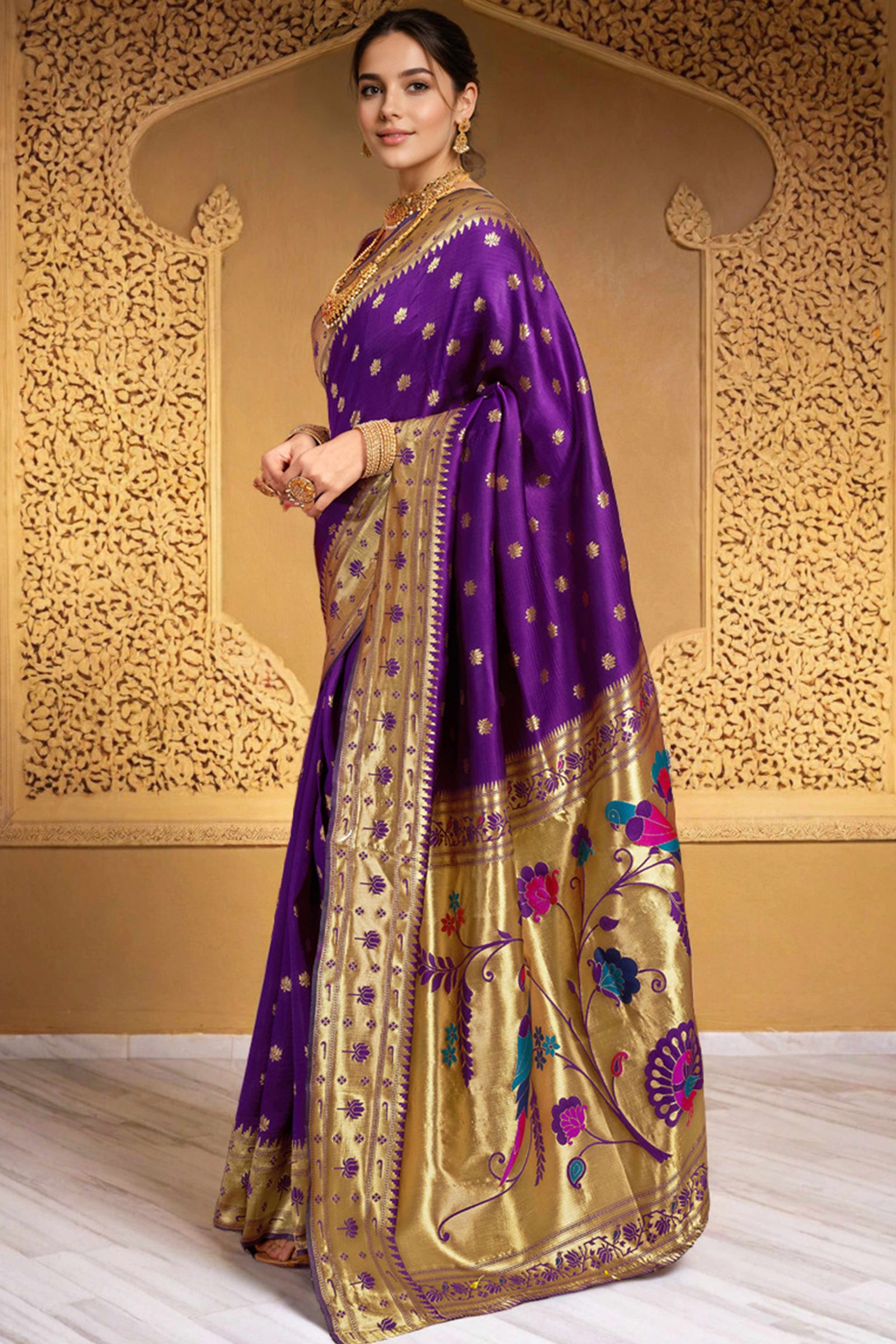 Purple Weaving Silk Blend Paithani Saree With Floral & Parrot Motif Pallu - Image 5