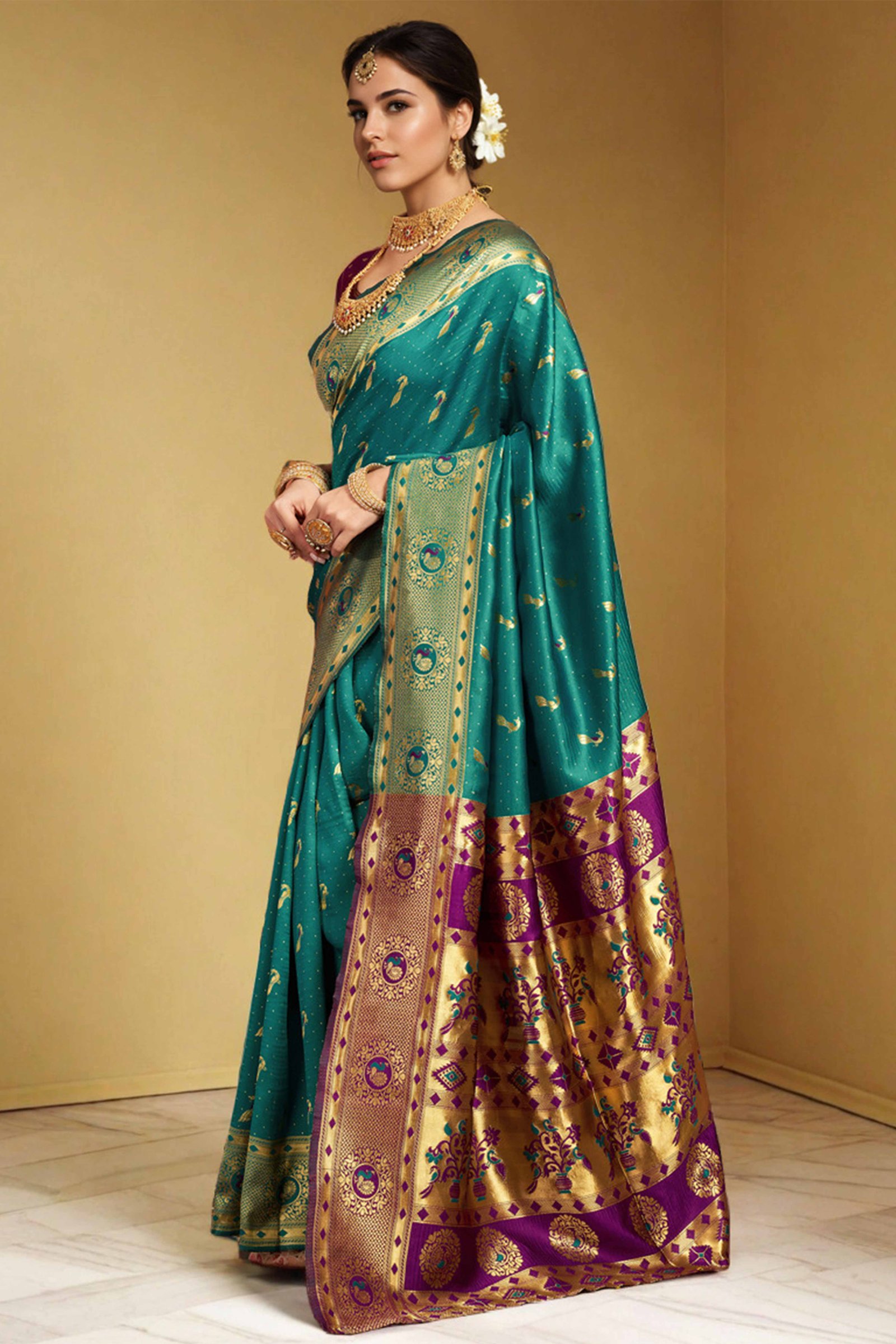 Rama Green Paithani Silk Blend Saree Featuring Intricate Zari Peacock & Floral Weaving - Image 5