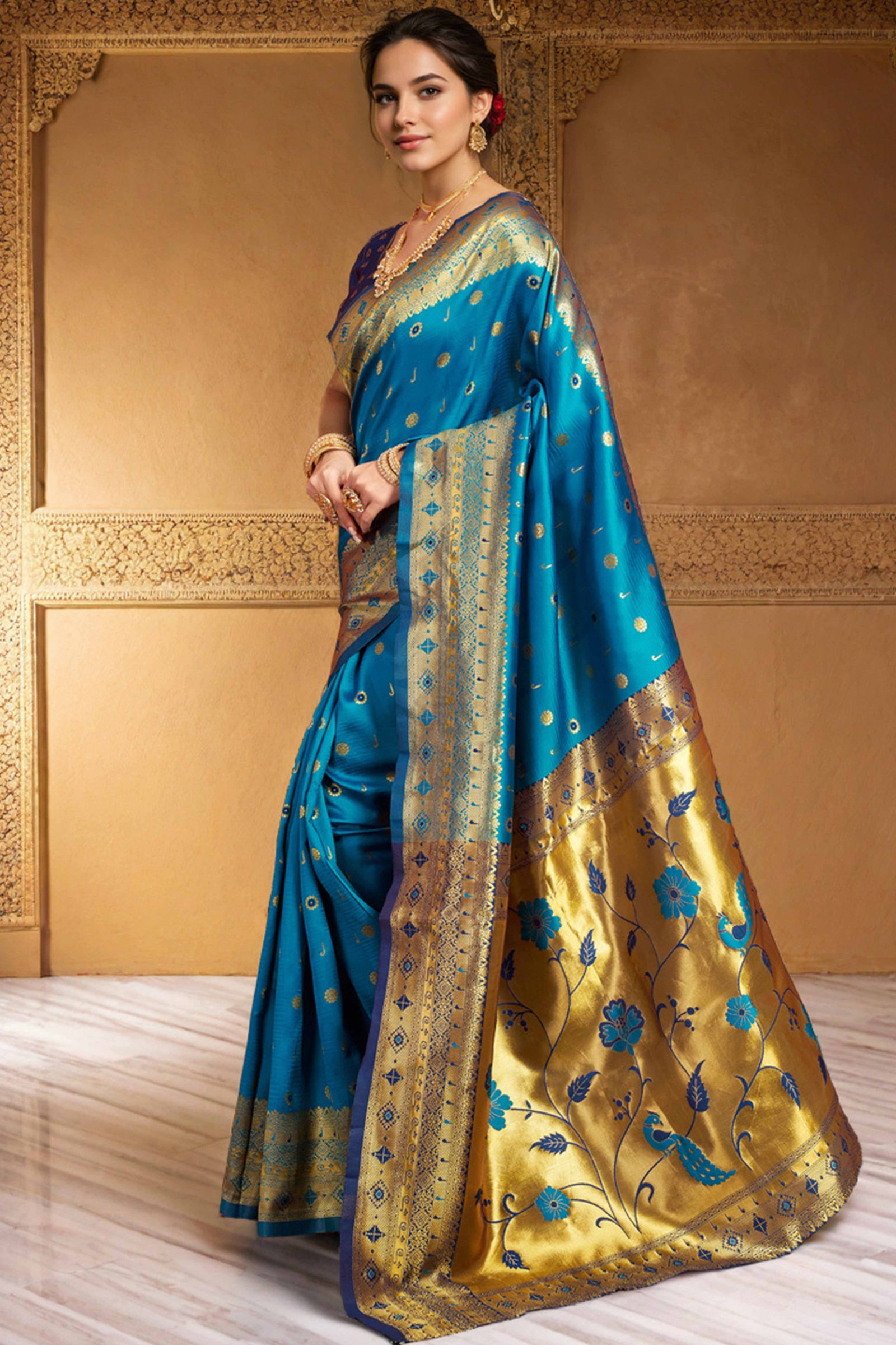 Blue Silk Blend Saree With Traditional Paithani Zari Weaving Of Peacock & Floral Designs - Image 5