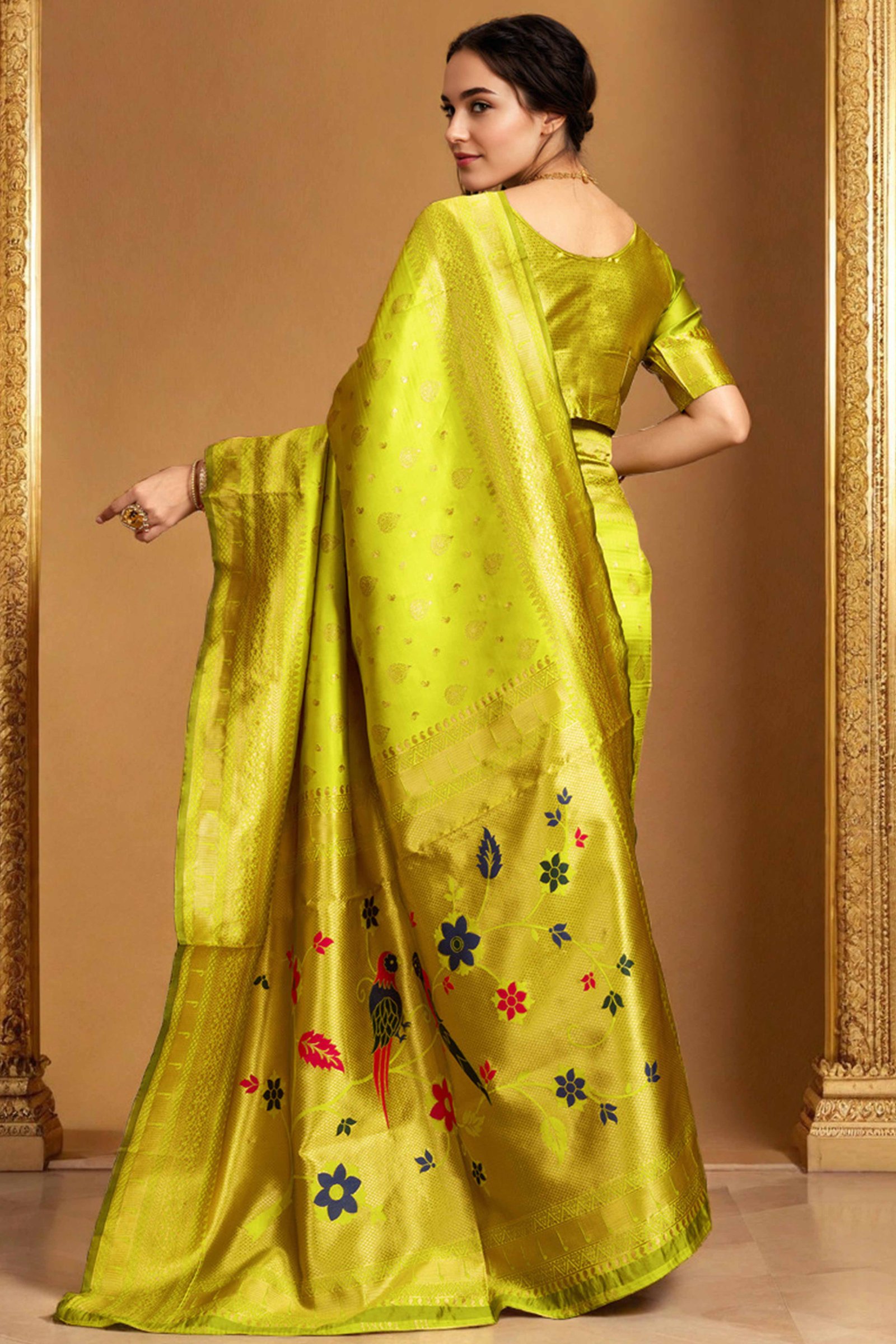 Lime Green Silk Blend Paithani Saree Showcasing Rich Zari Weaving With Birds & Floral Accents - Image 5