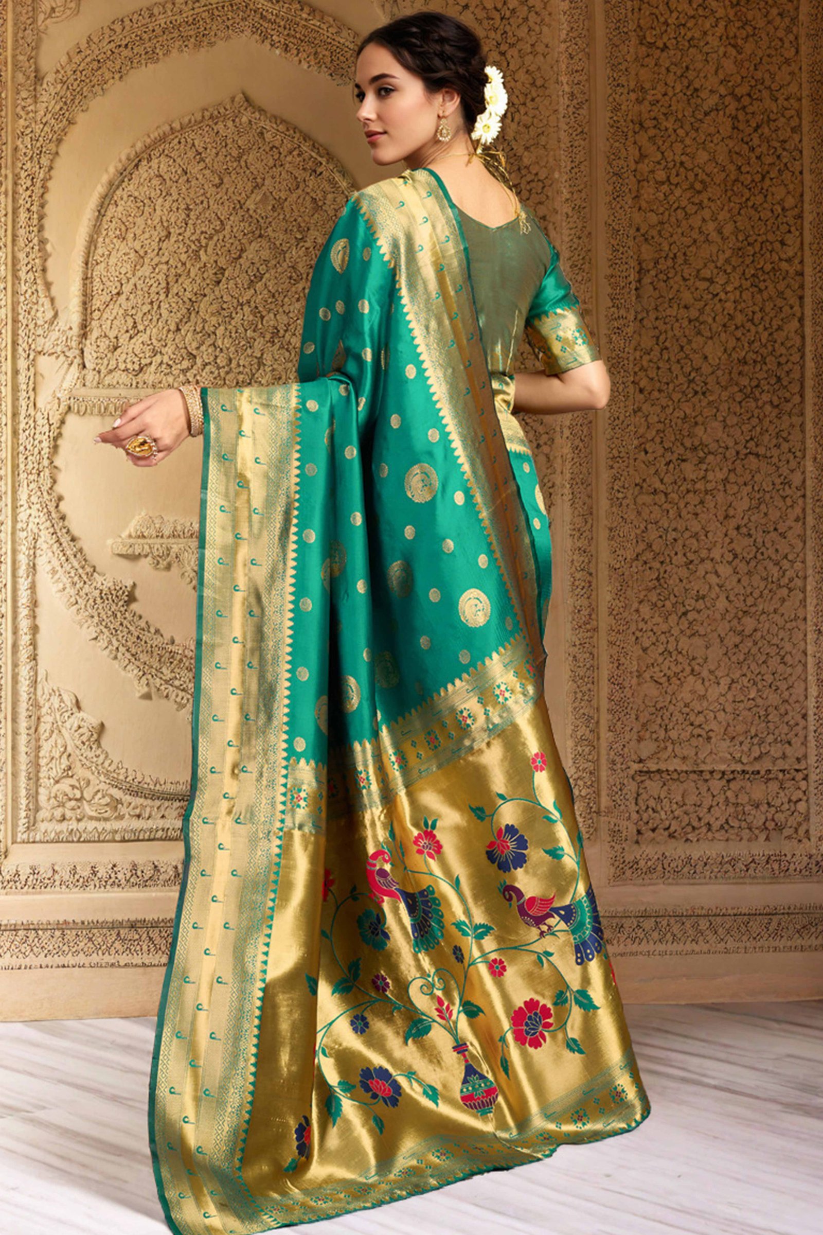 Rama Green Paithani Silk Blend Saree Embellished With Zari Peacock & Floral Woven Patterns - Image 5