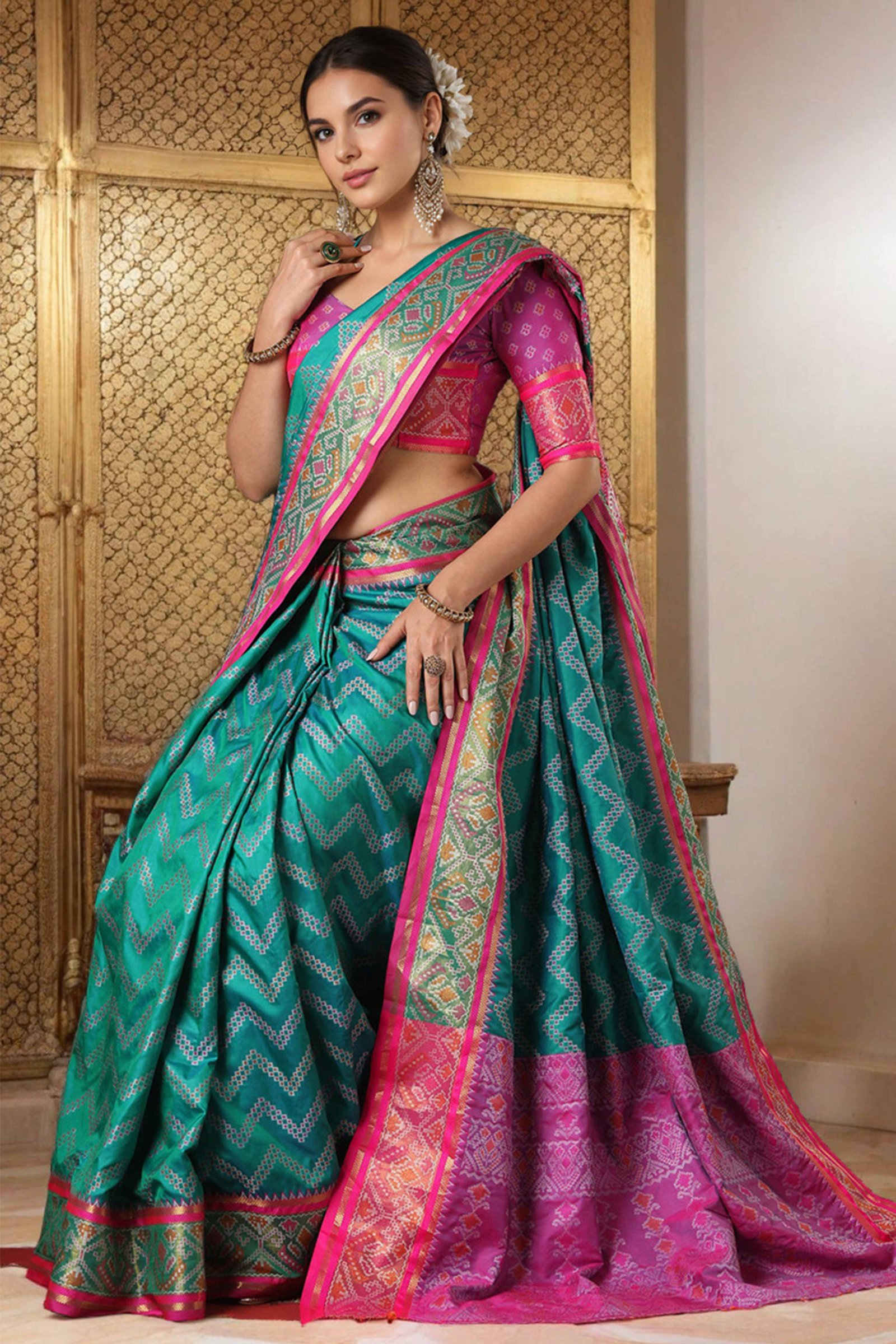 Rama Blue Silk Blend Saree With Traditional Zig Zag Patola Weaving & Tassel Pallu - Image 5