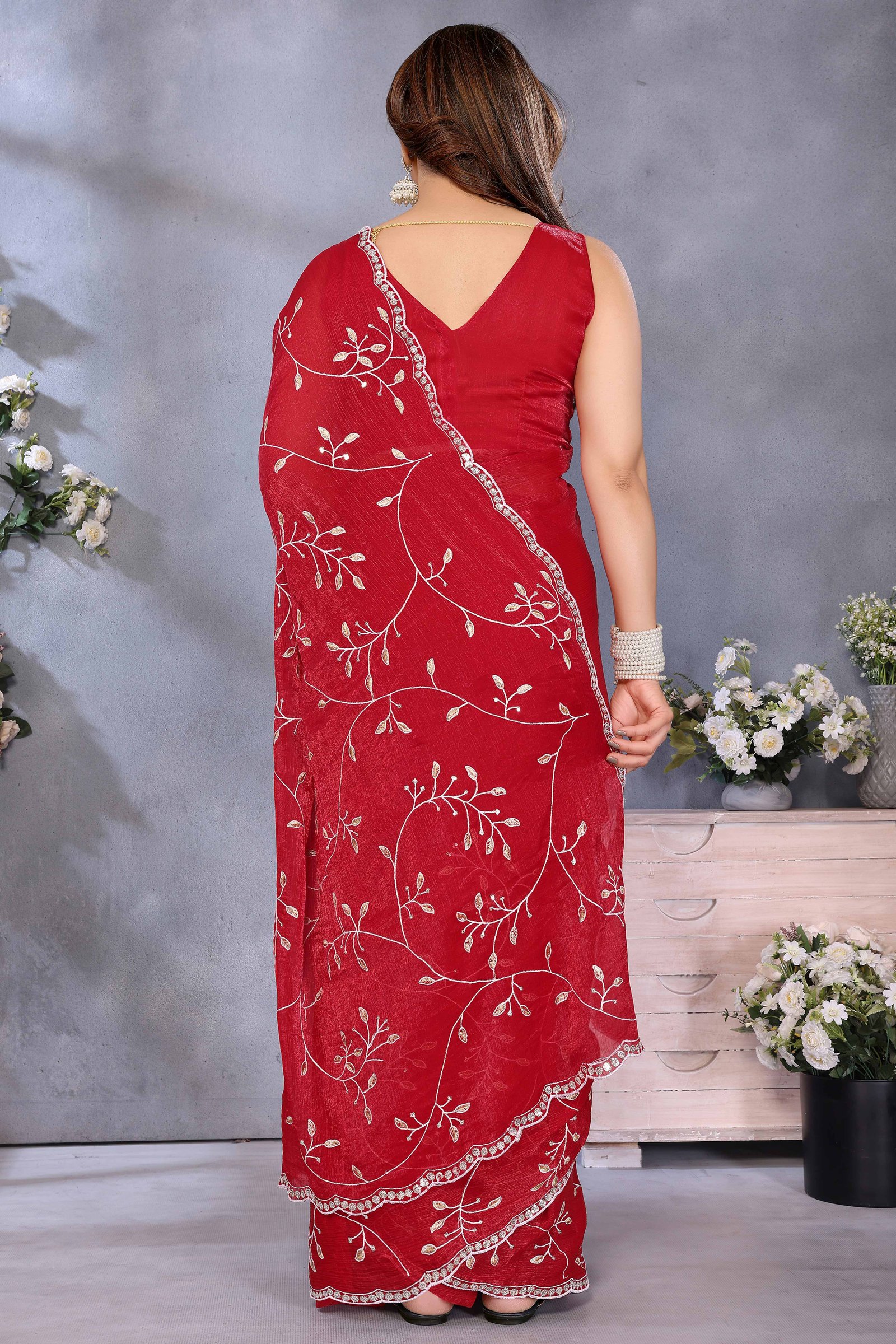Red Jimmy Choo Chiffon Saree Adorned with Delicate Floral Sequins Embroidery - Image 5