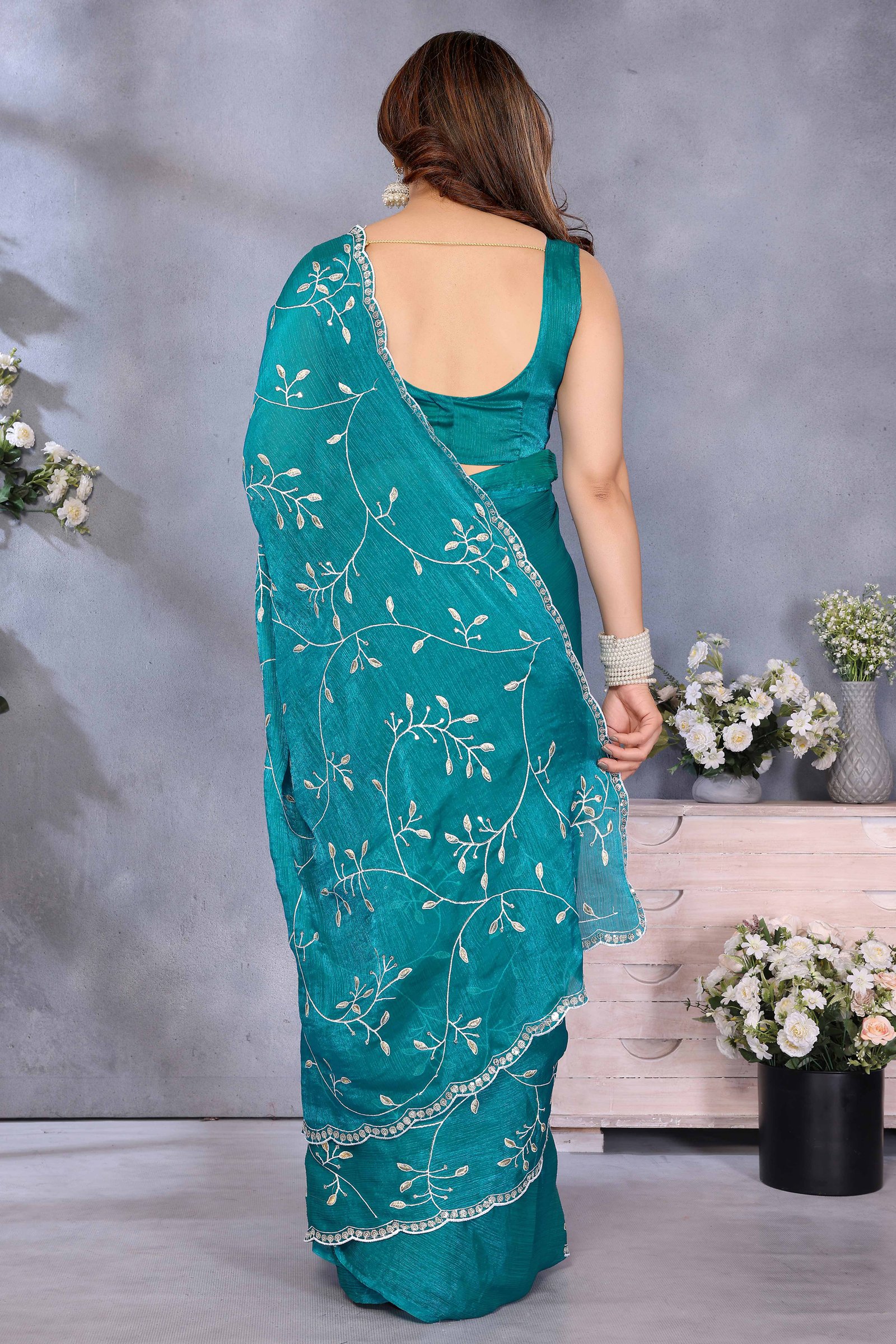 Teal Jimmy Choo Chiffon Saree Adorned with Delicate Floral Sequins Embroidery - Image 5
