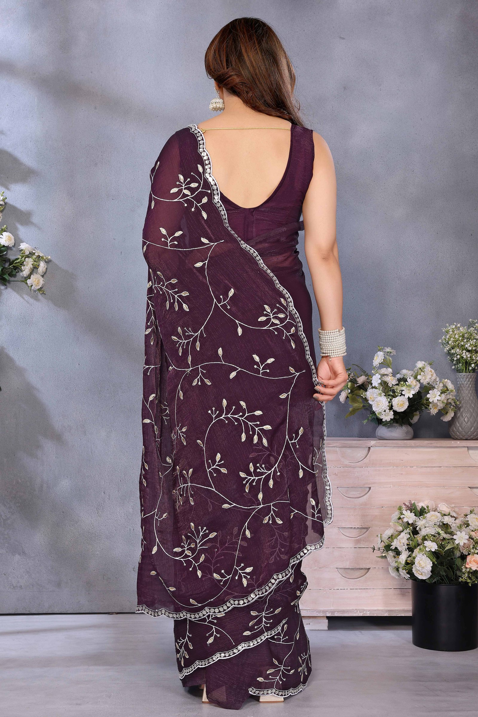 Wine Jimmy Choo Chiffon Saree Adorned with Delicate Floral Sequins Embroidery - Image 5