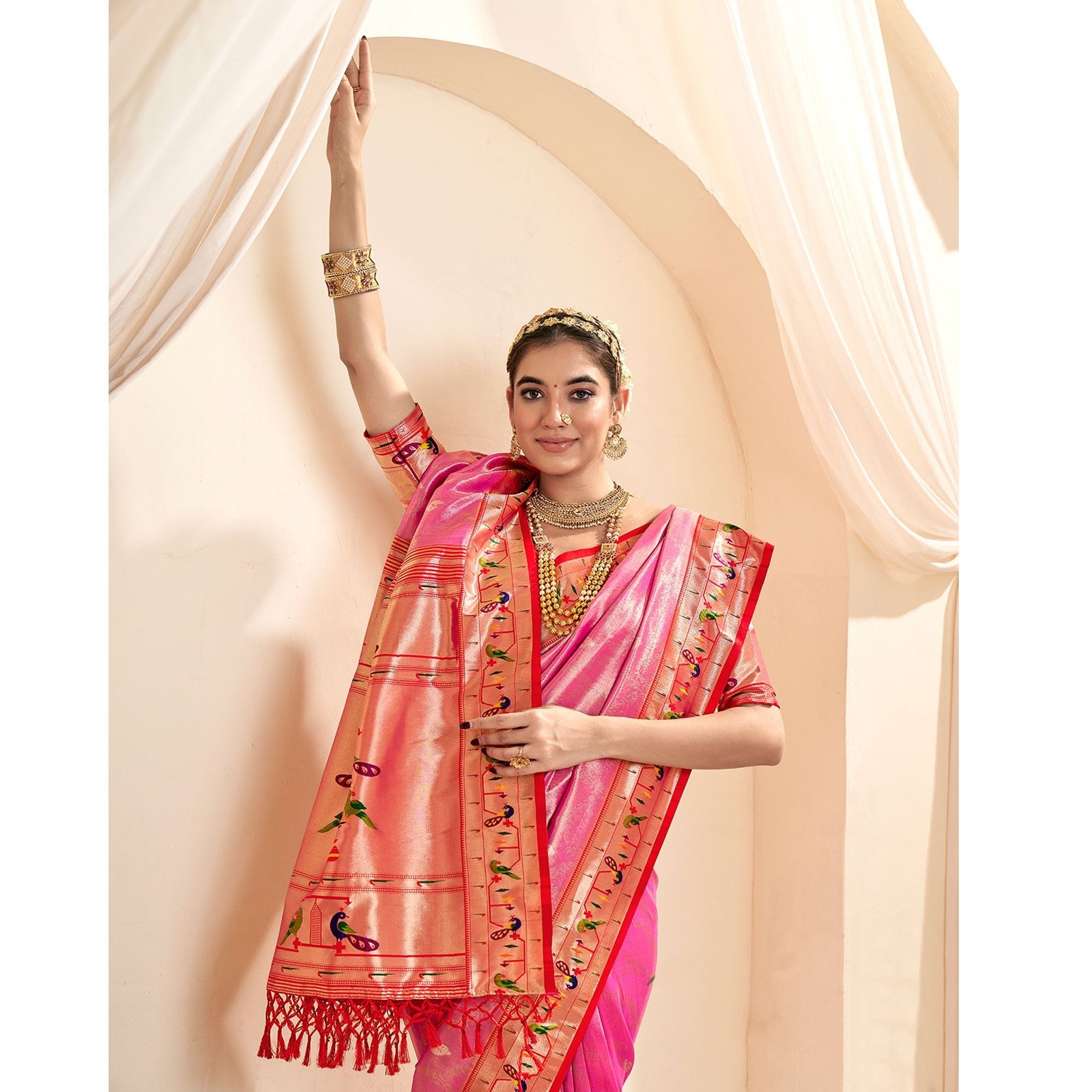Pink Woven Tissue Paithani Saree With Tassels - Image 5