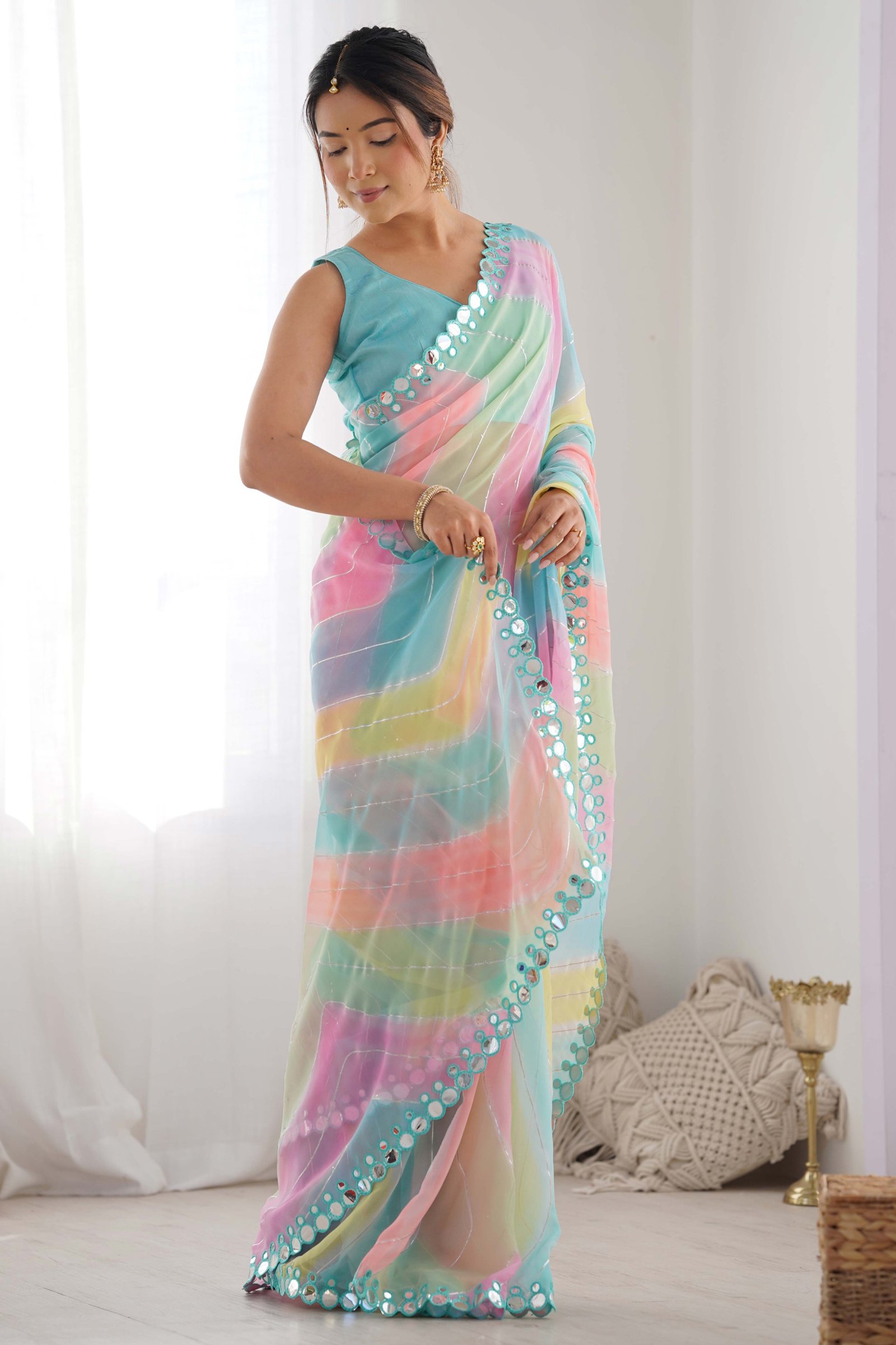Multicolor Mirror Work Embroidered Georgette Saree - Image 5