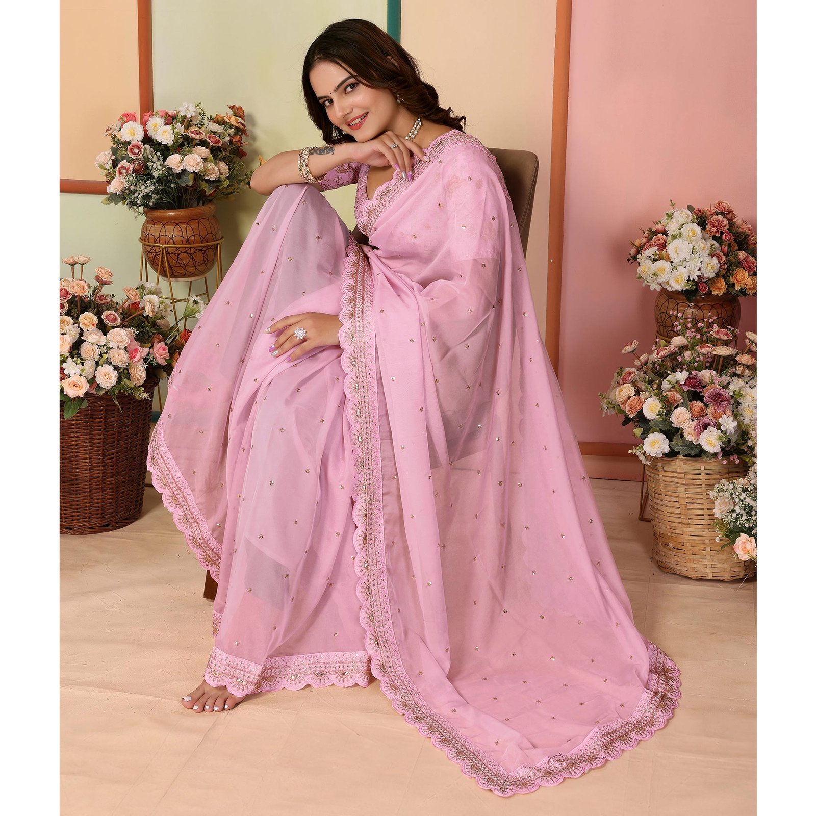 Pink Sequins Embroidered Embroidered Organza Saree - Image 5
