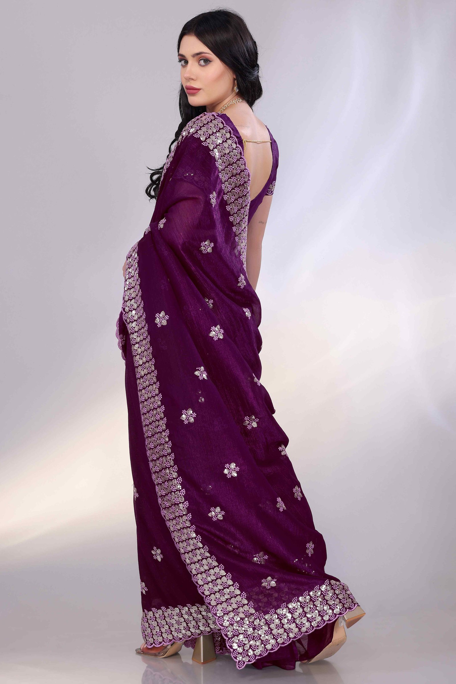 Wine Crunchy Organza Silk Saree Adorned With Intricate Floral Sequins Embroidery - Image 5