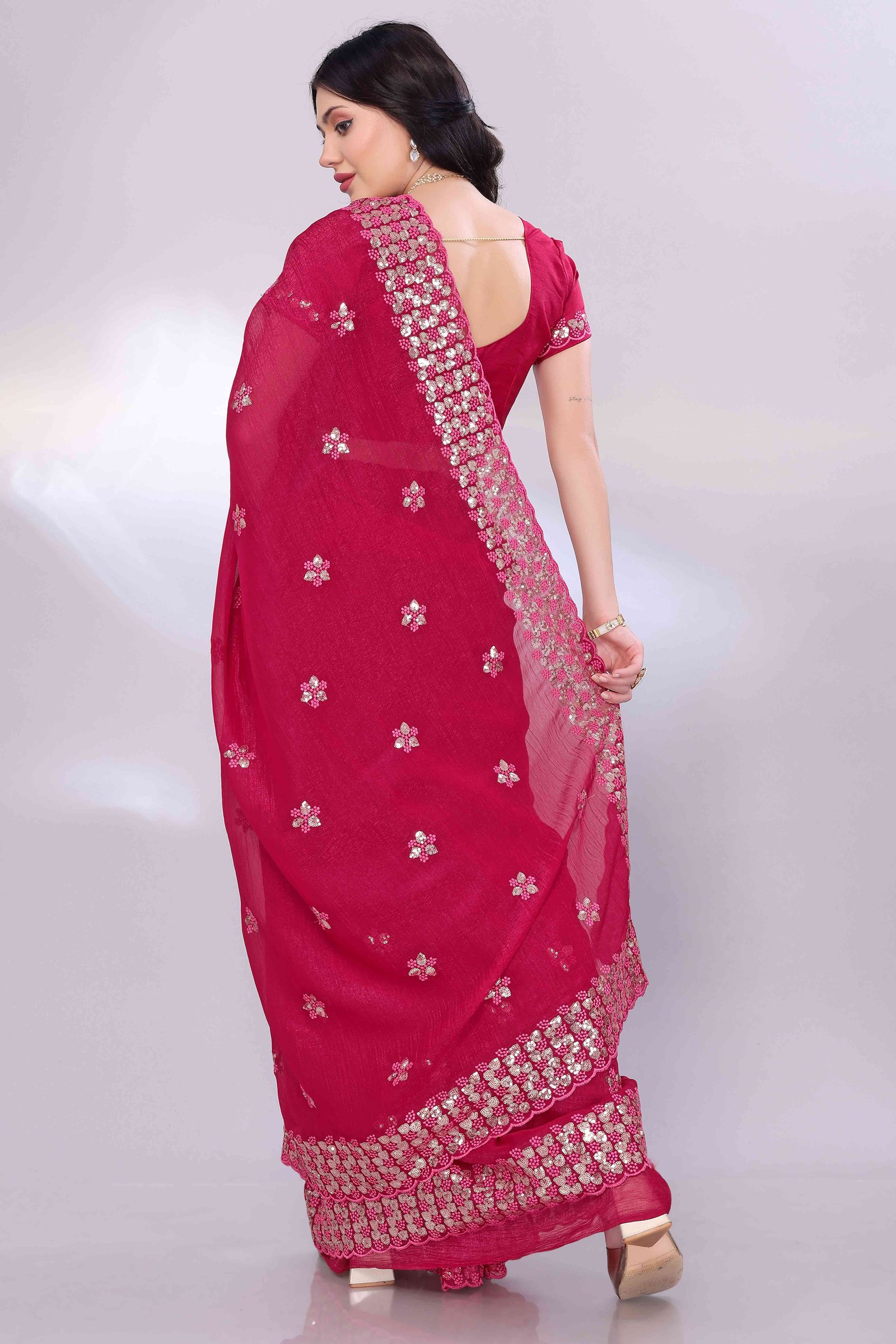 Rani Pink Crunchy Organza Silk Saree Adorned With Intricate Floral Sequins Embroidery - Image 5