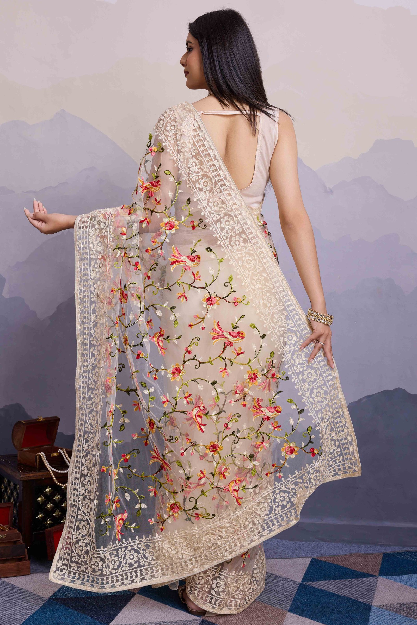 Off White Floral Embroidered Net Saree - Image 5