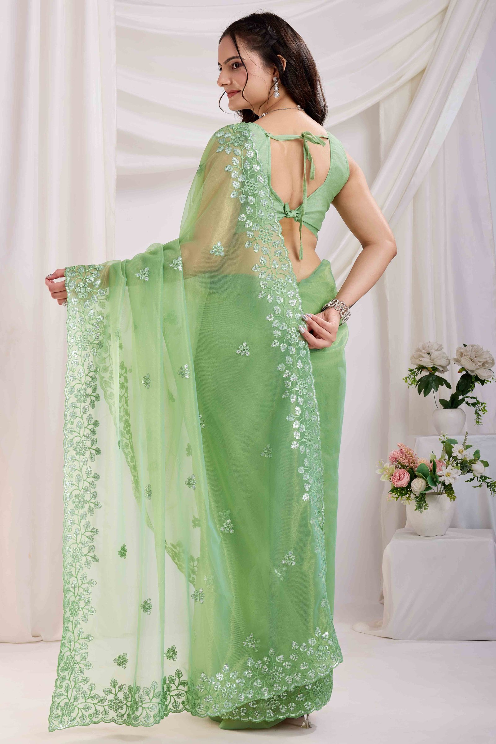 Green Floral Sequins Embroidered Twill Net Saree - Image 5