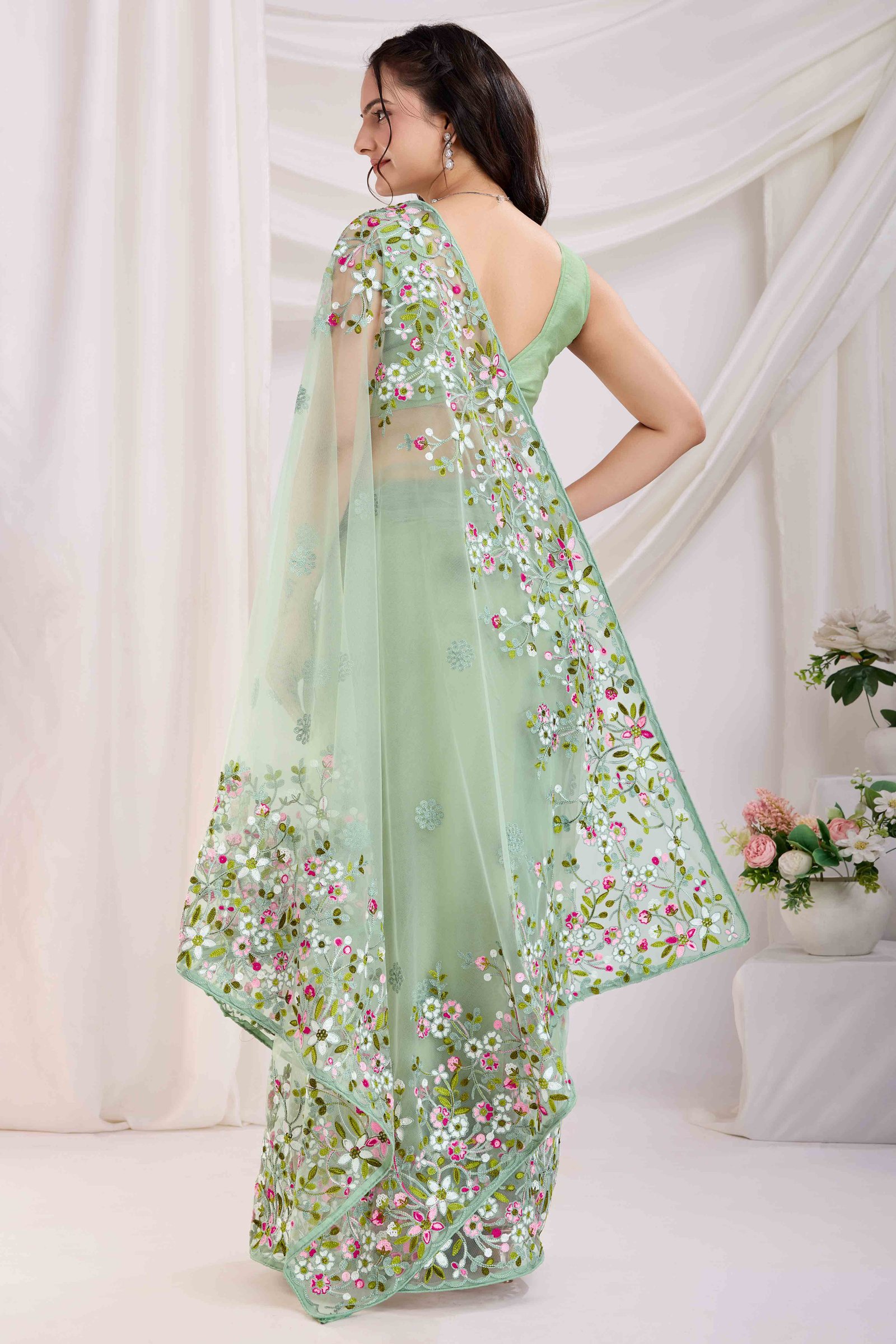 Green Floral Embroidered Net Saree - Image 5