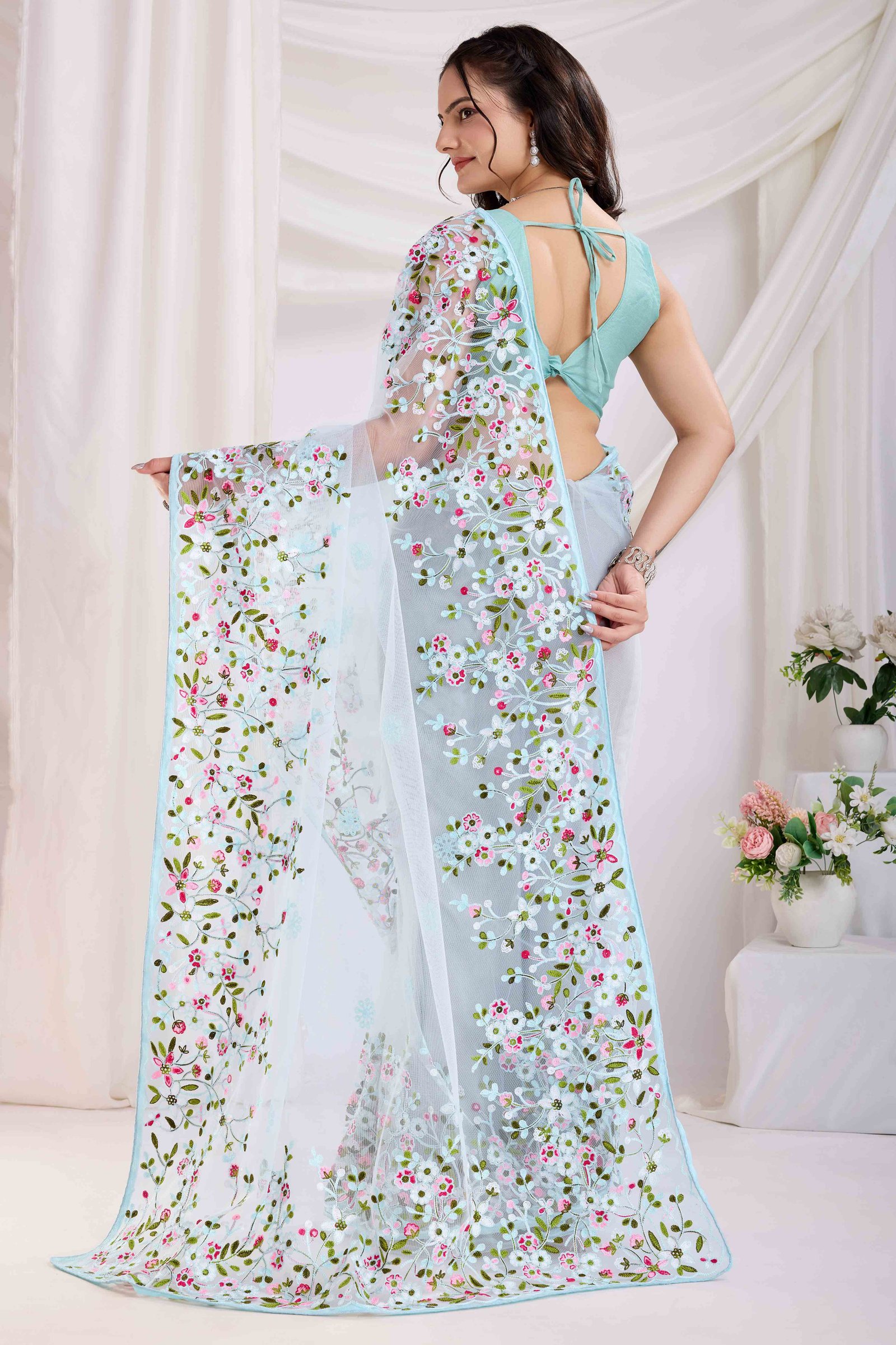 Blue Floral Embroidered Net Saree - Image 5
