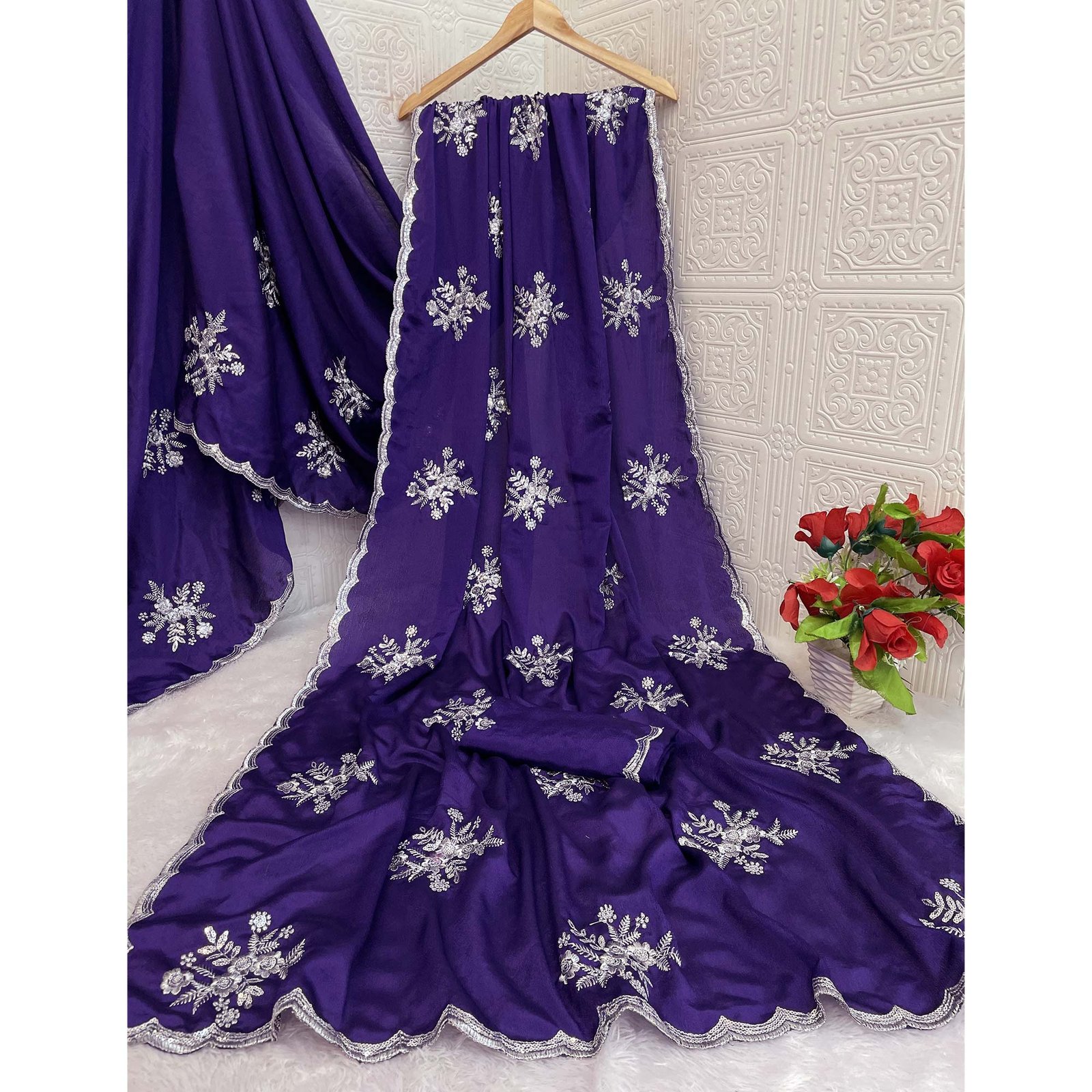 Royal Purple Chinon Saree Adorned With Zari Floral Embroidery & Gleaming Sequins Work - Image 6