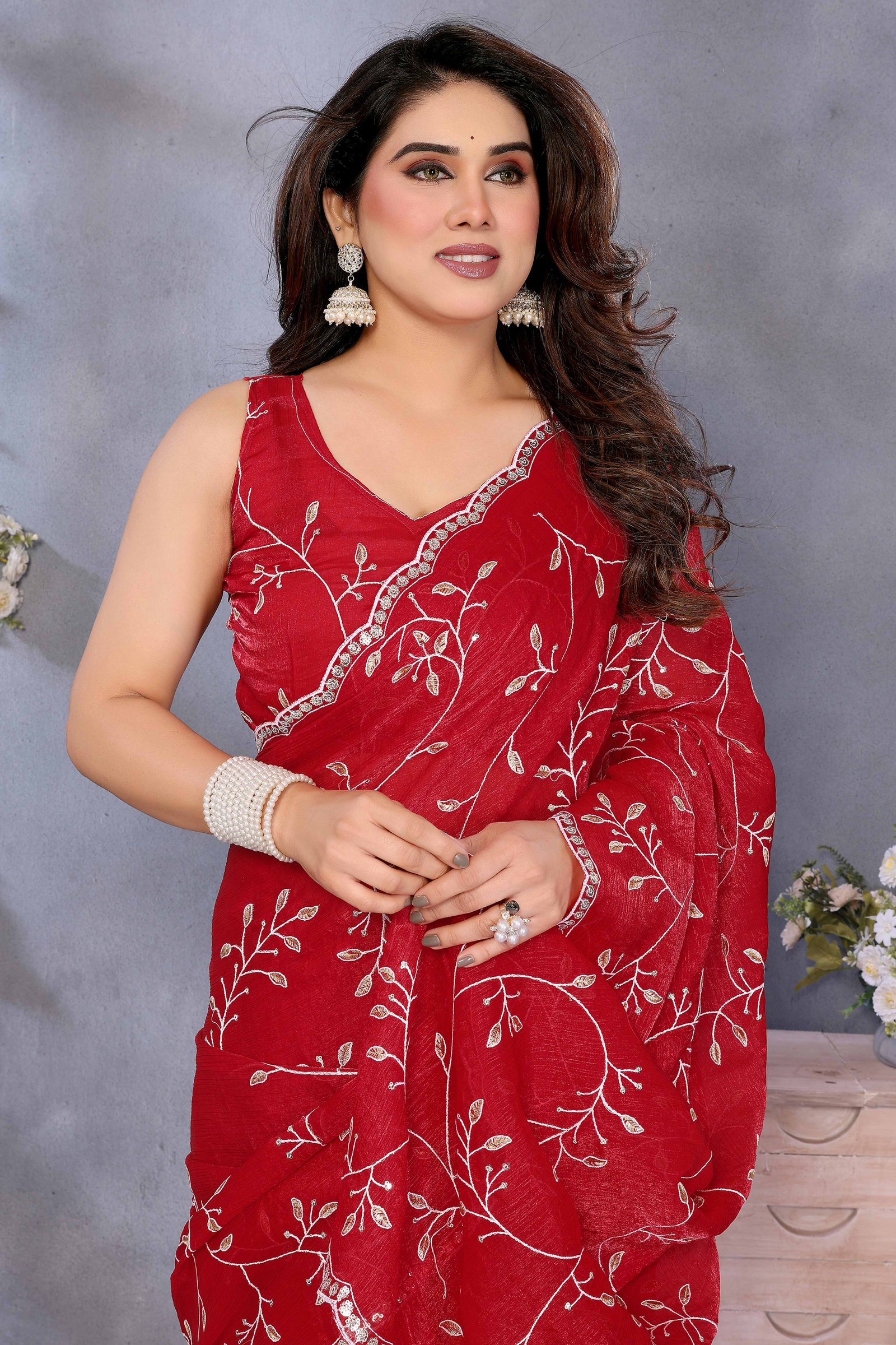 Red Jimmy Choo Chiffon Saree Adorned with Delicate Floral Sequins Embroidery - Image 6