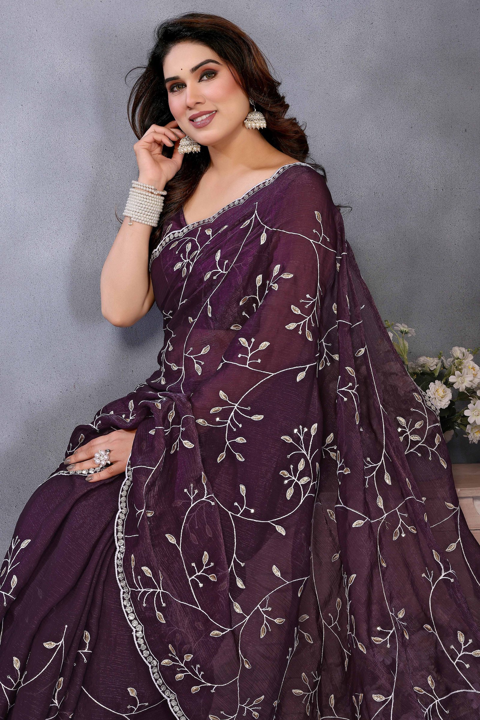 Wine Jimmy Choo Chiffon Saree Adorned with Delicate Floral Sequins Embroidery - Image 6