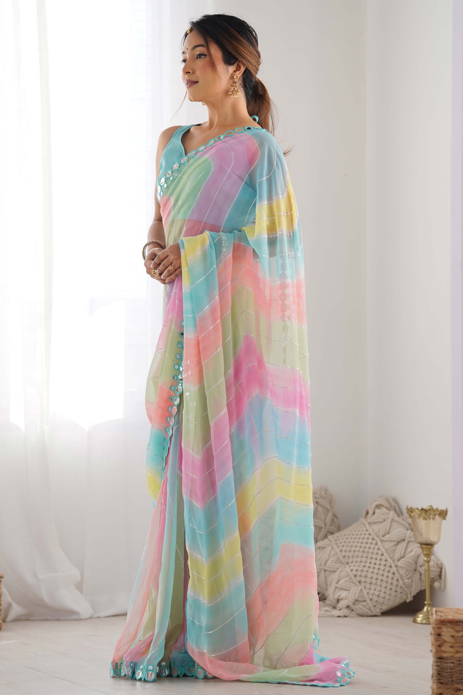 Multicolor Mirror Work Embroidered Georgette Saree - Image 6