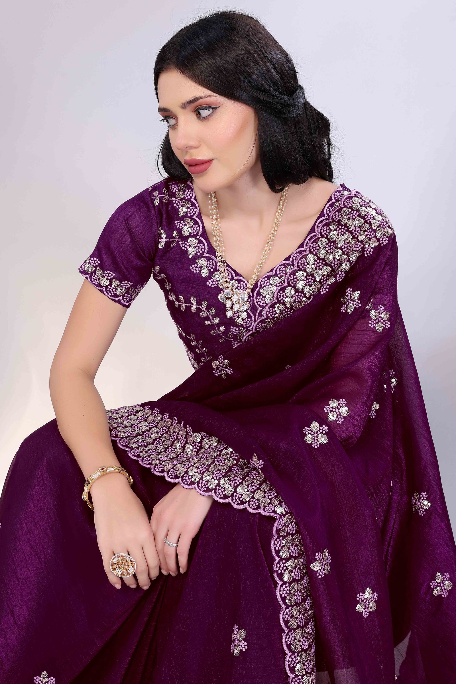 Wine Crunchy Organza Silk Saree Adorned With Intricate Floral Sequins Embroidery - Image 6