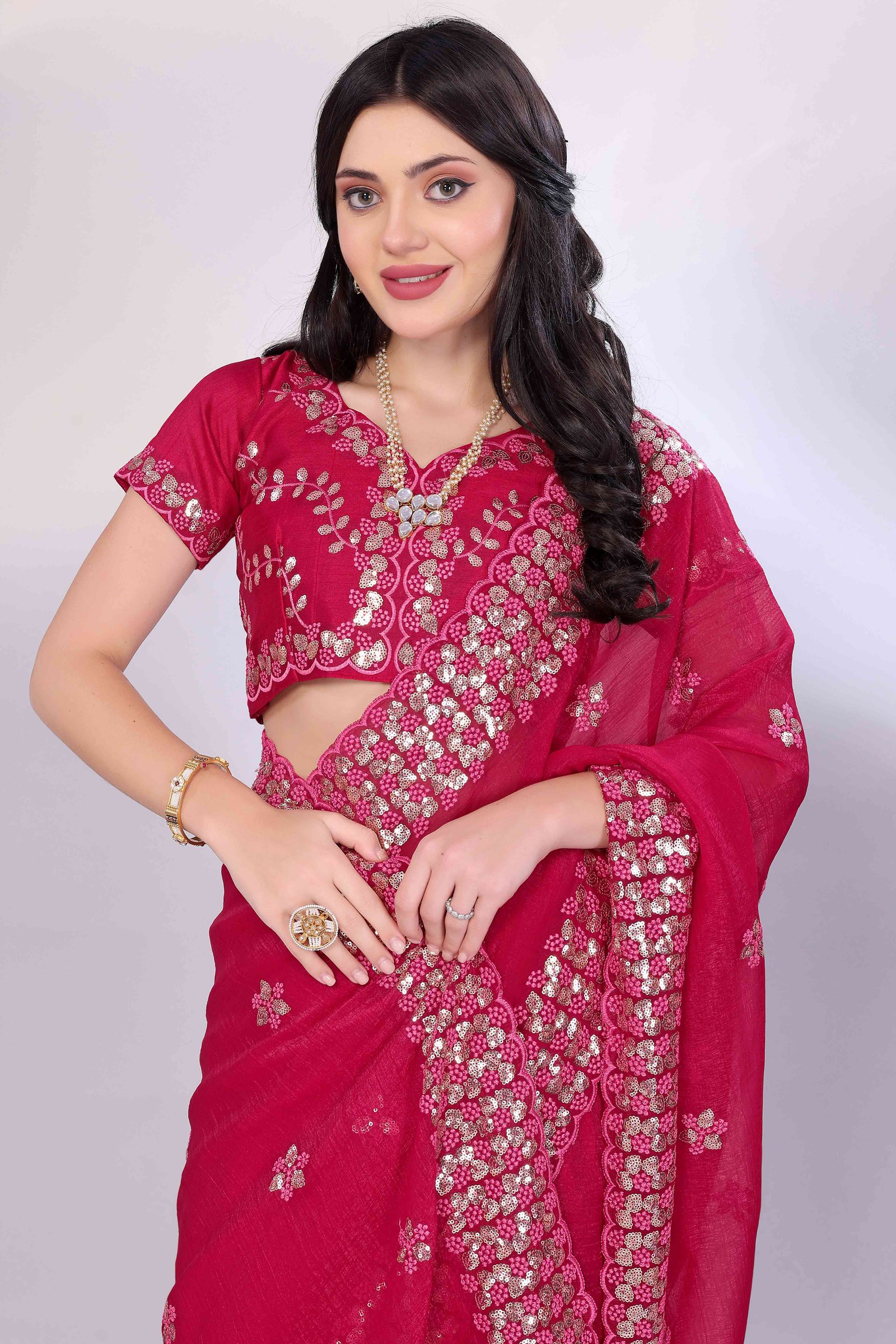 Rani Pink Crunchy Organza Silk Saree Adorned With Intricate Floral Sequins Embroidery - Image 6