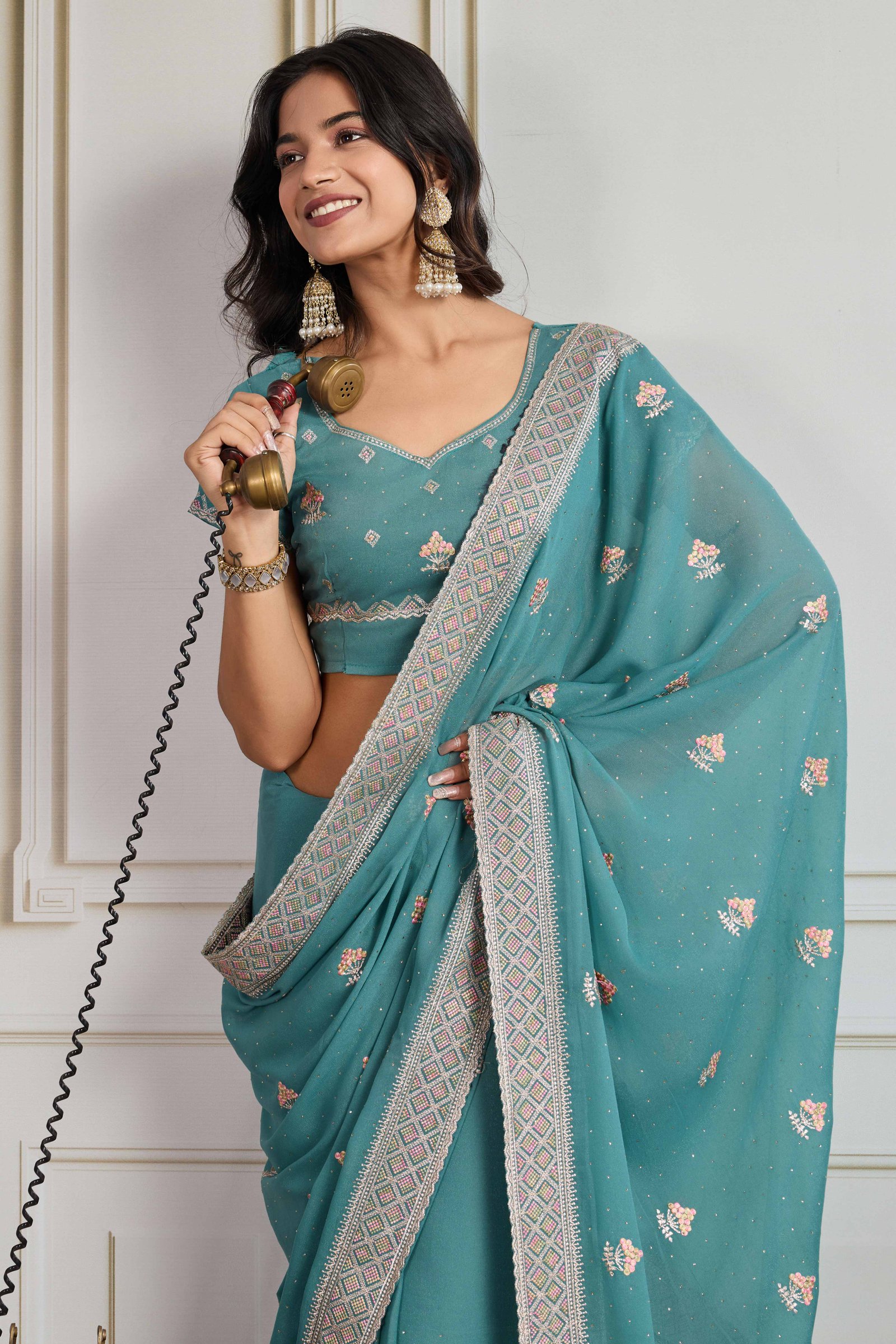 Teal Georgette Saree Featuring Embroidered and Stone Work - Image 6