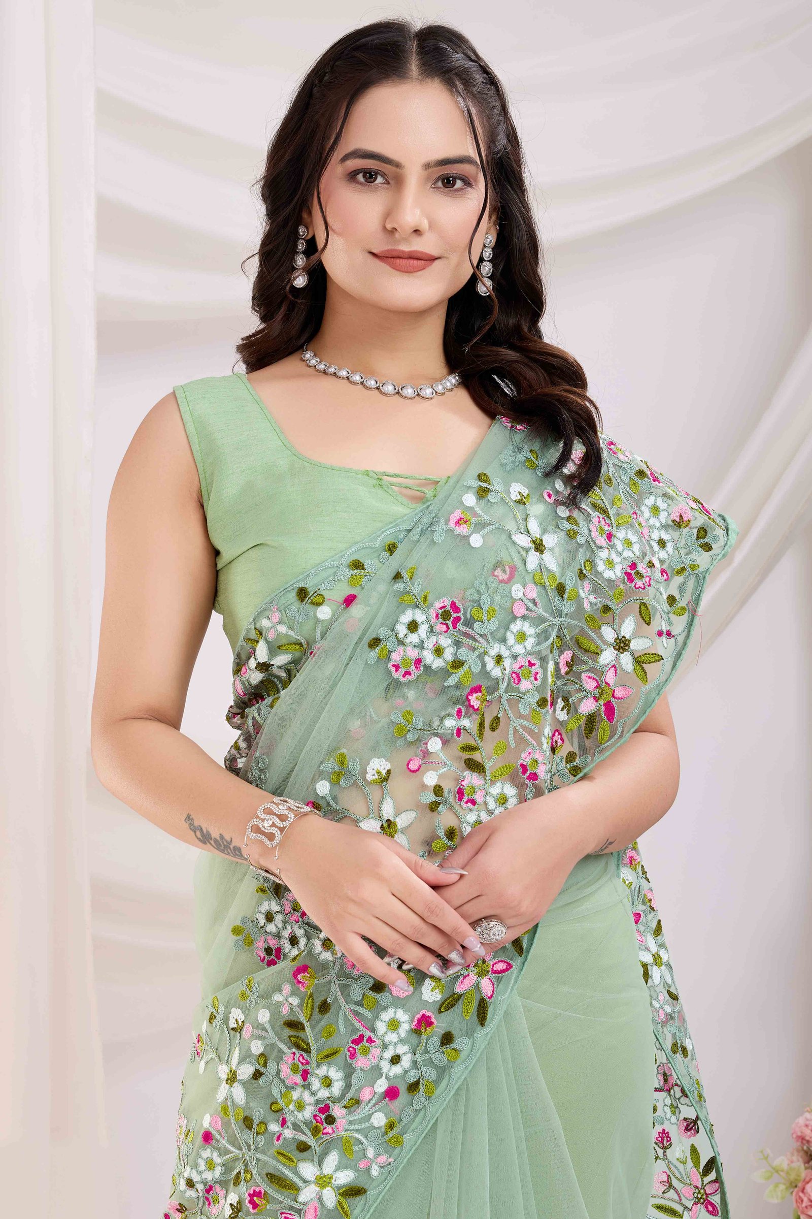 Green Floral Embroidered Net Saree - Image 6