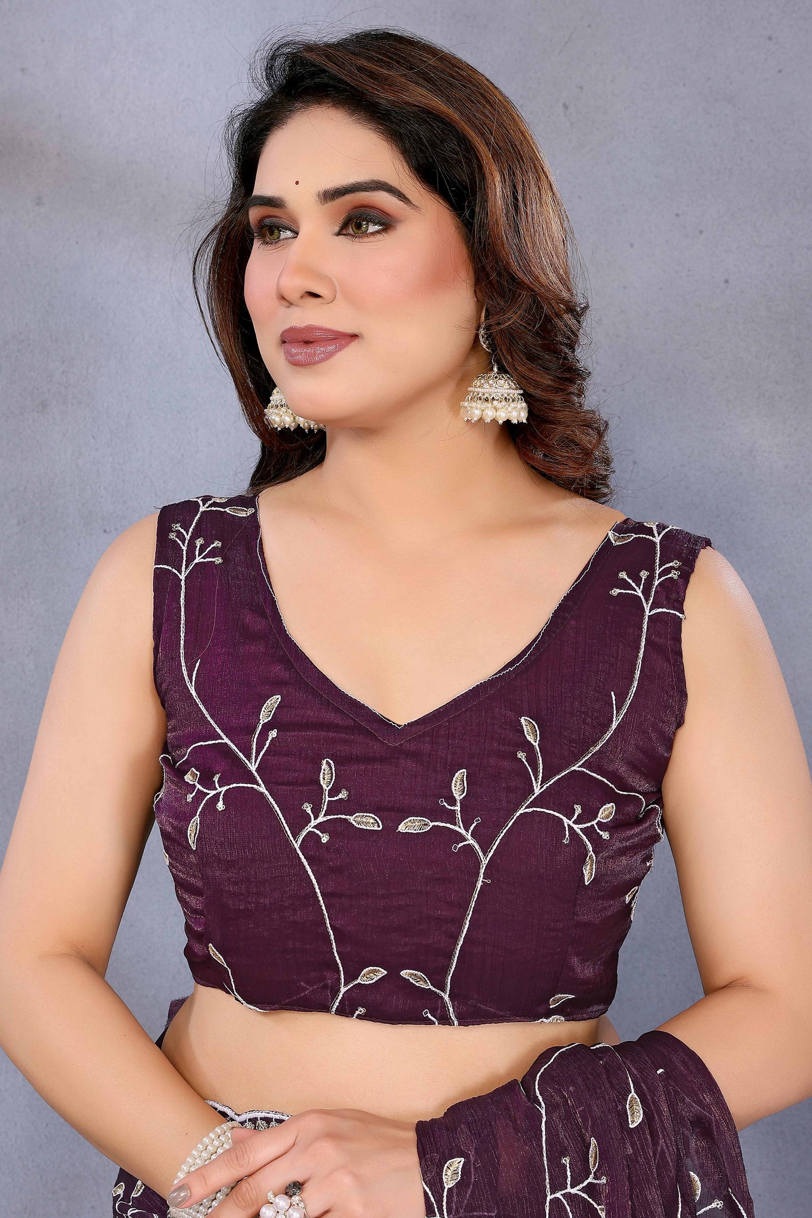 Wine Jimmy Choo Chiffon Saree Adorned with Delicate Floral Sequins Embroidery - Image 7