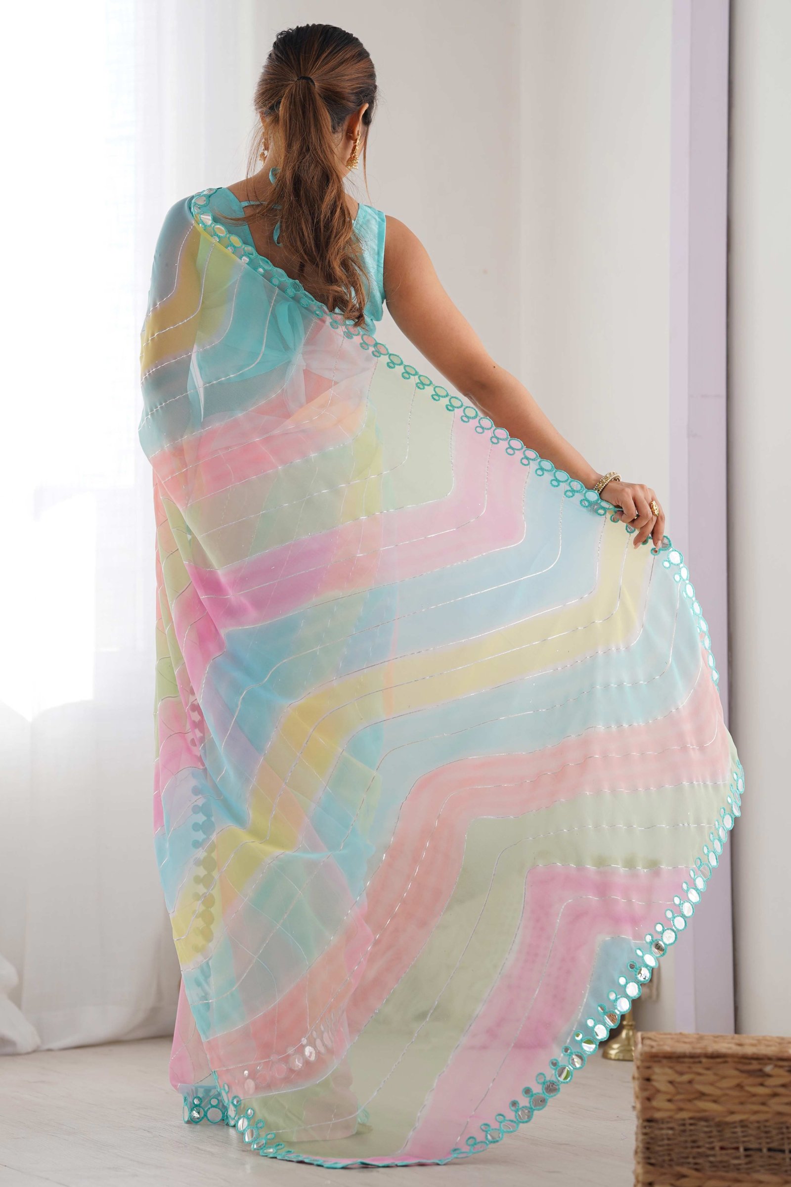 Multicolor Mirror Work Embroidered Georgette Saree - Image 7