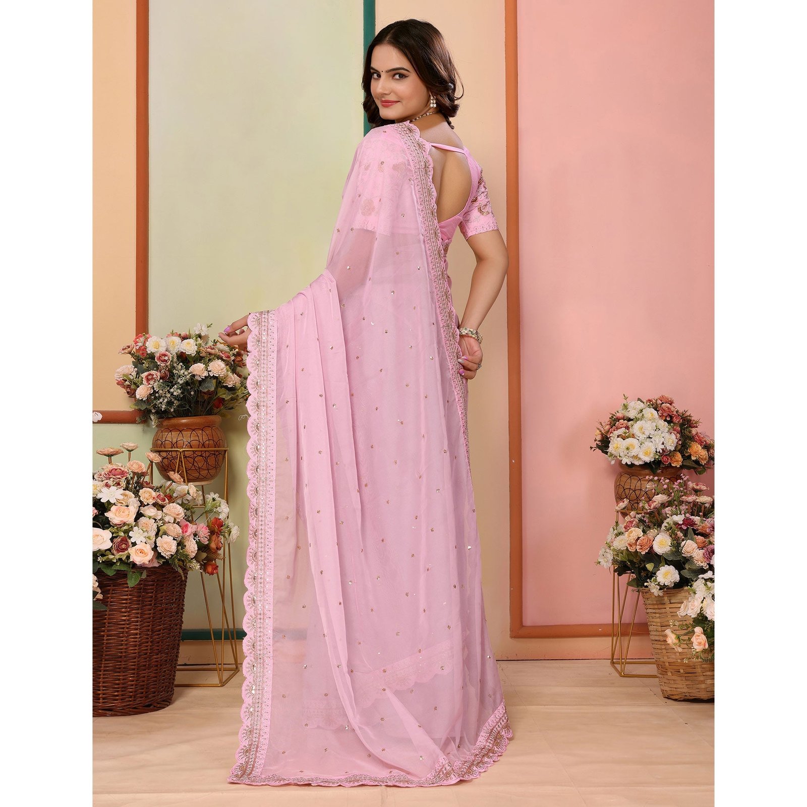 Pink Sequins Embroidered Embroidered Organza Saree - Image 7